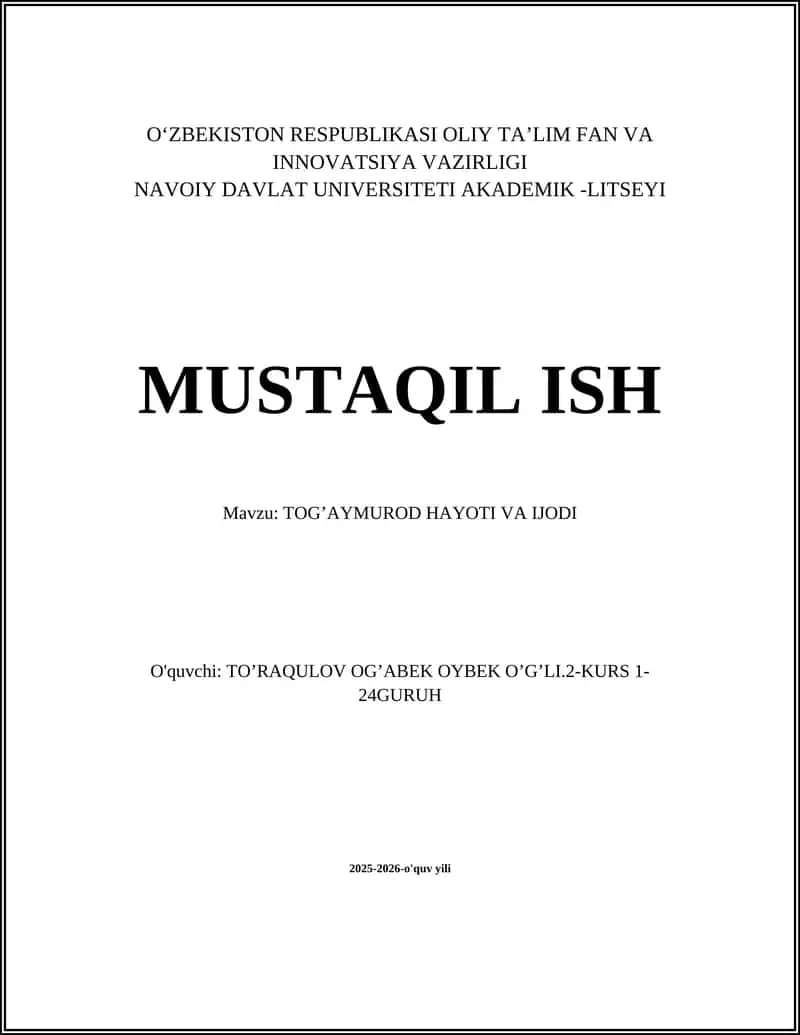 TOG’AYMUROD HAYOTI VA IJODI