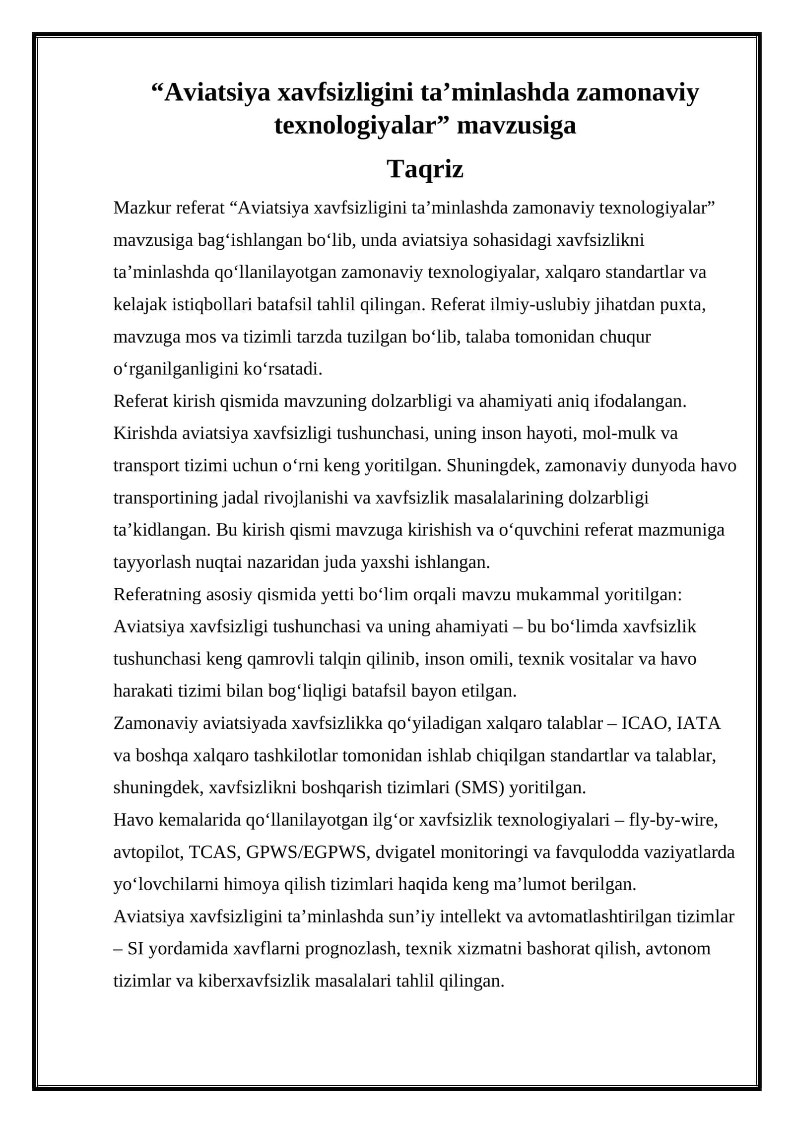 Aviatsiya xavfsizligini ta’minlashda zamonaviy texnologiyalar