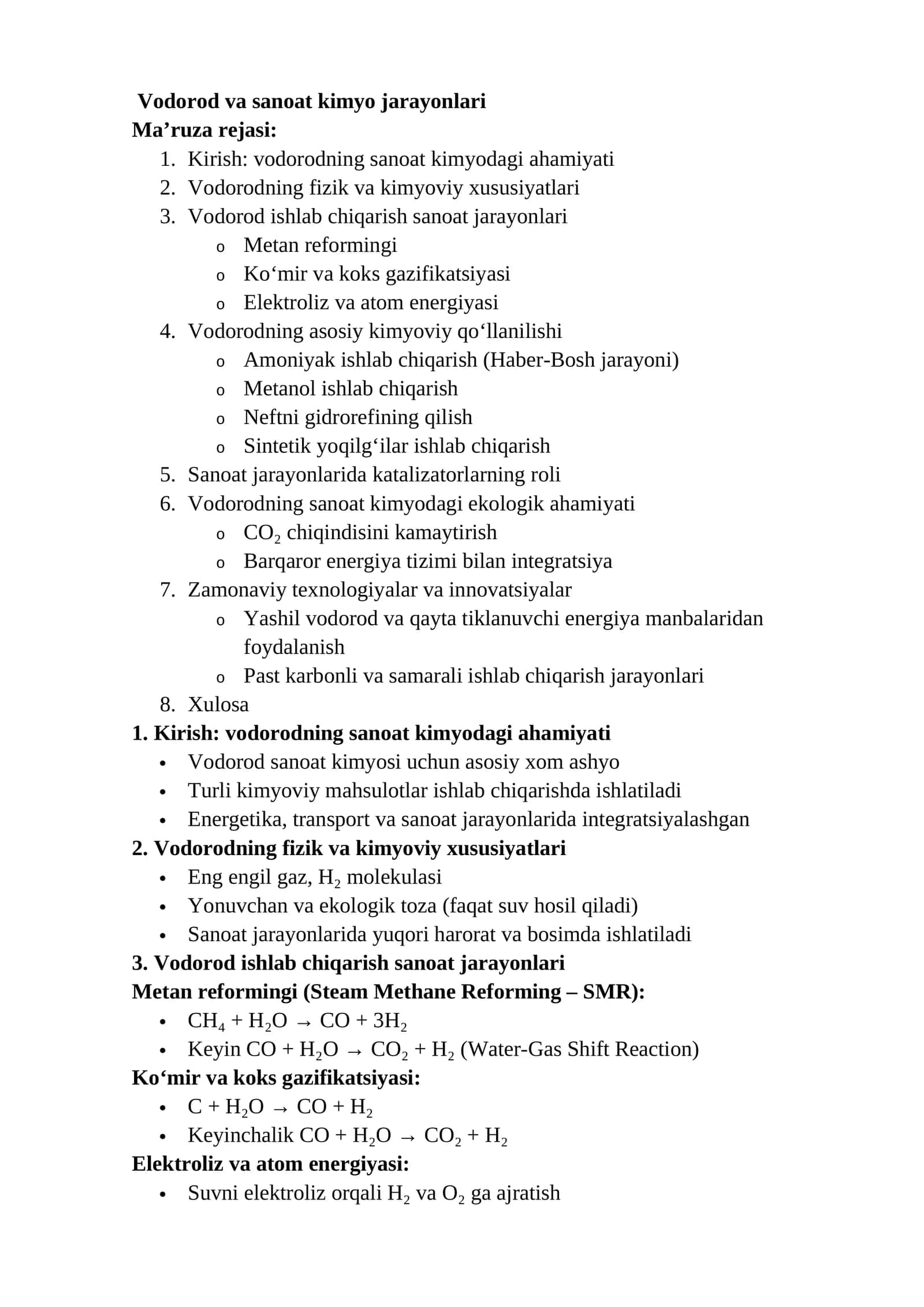 Vodorod va sanoat kimyo jarayonlari