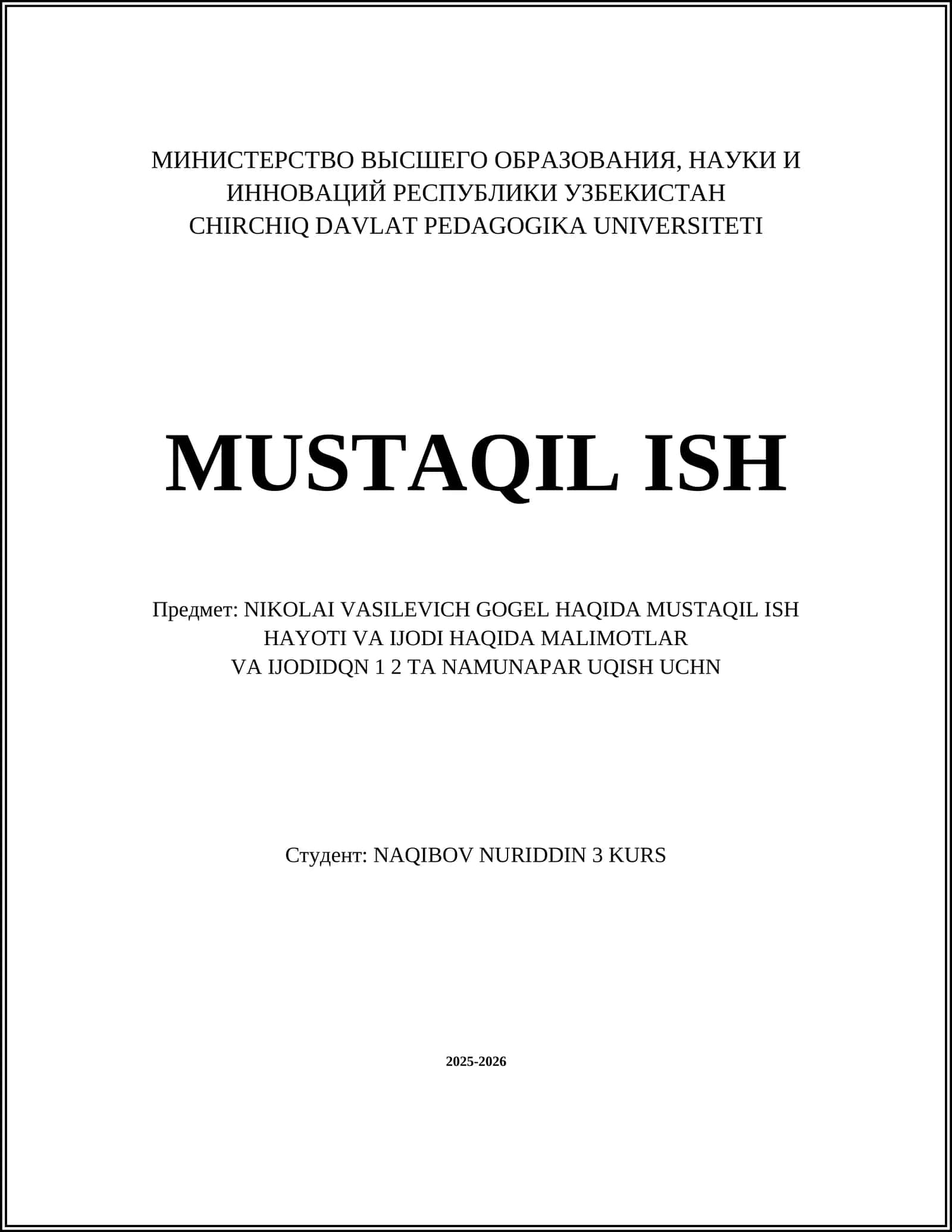 NIKOLAI VASILEVICH GOGEL HAQIDA MUSTAQIL ISH