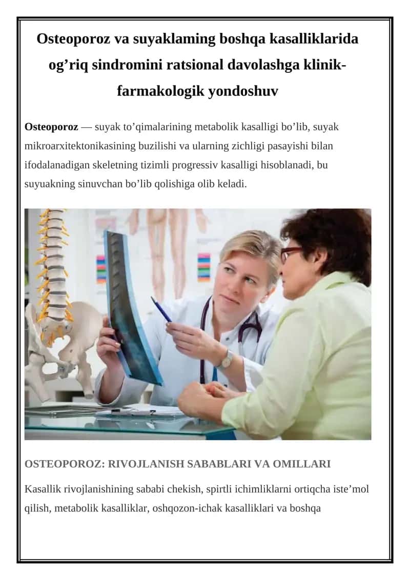 Osteoporoz: Rivojlanish Sabablari va Omillari