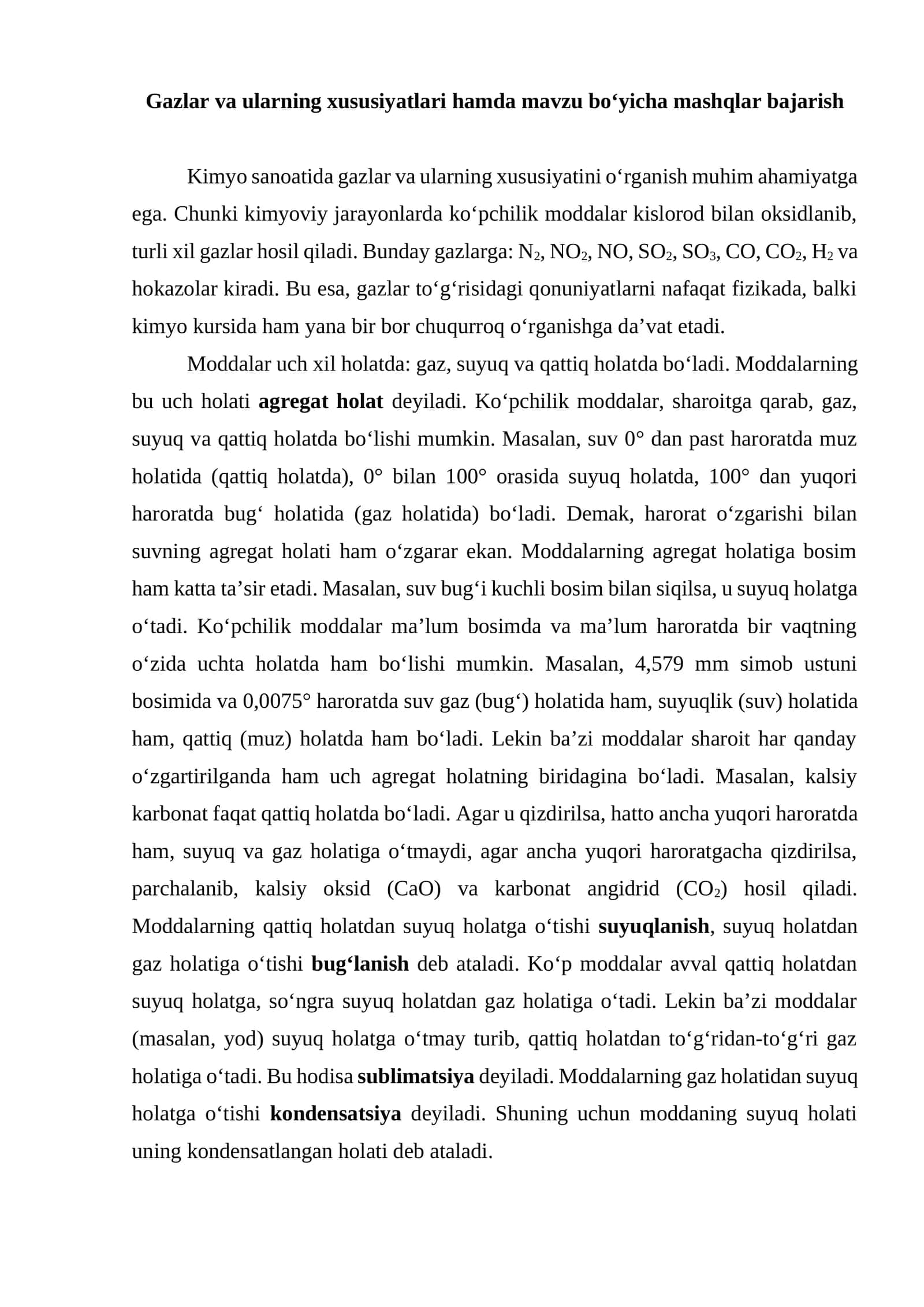Gazlar va ularning xususiyatlari