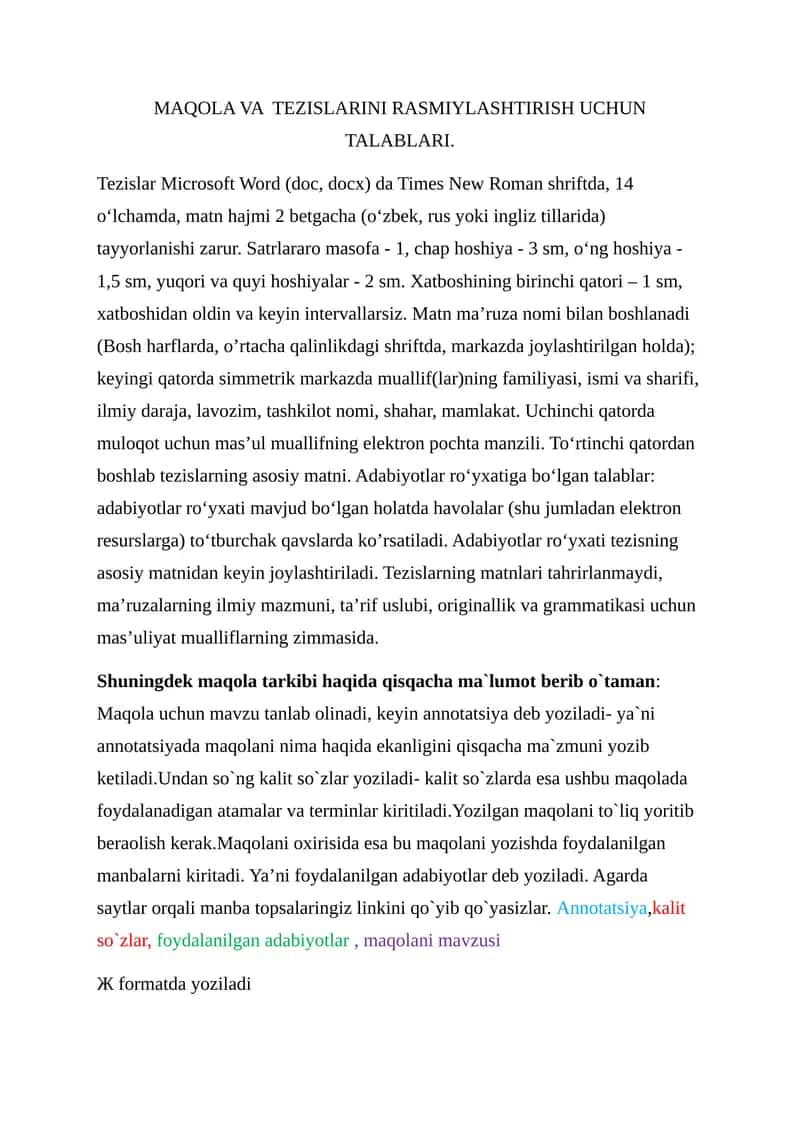 MAQOLA VA TEZISLARINI RASMIYLASHTIRISH UCHUN TALABLARI
