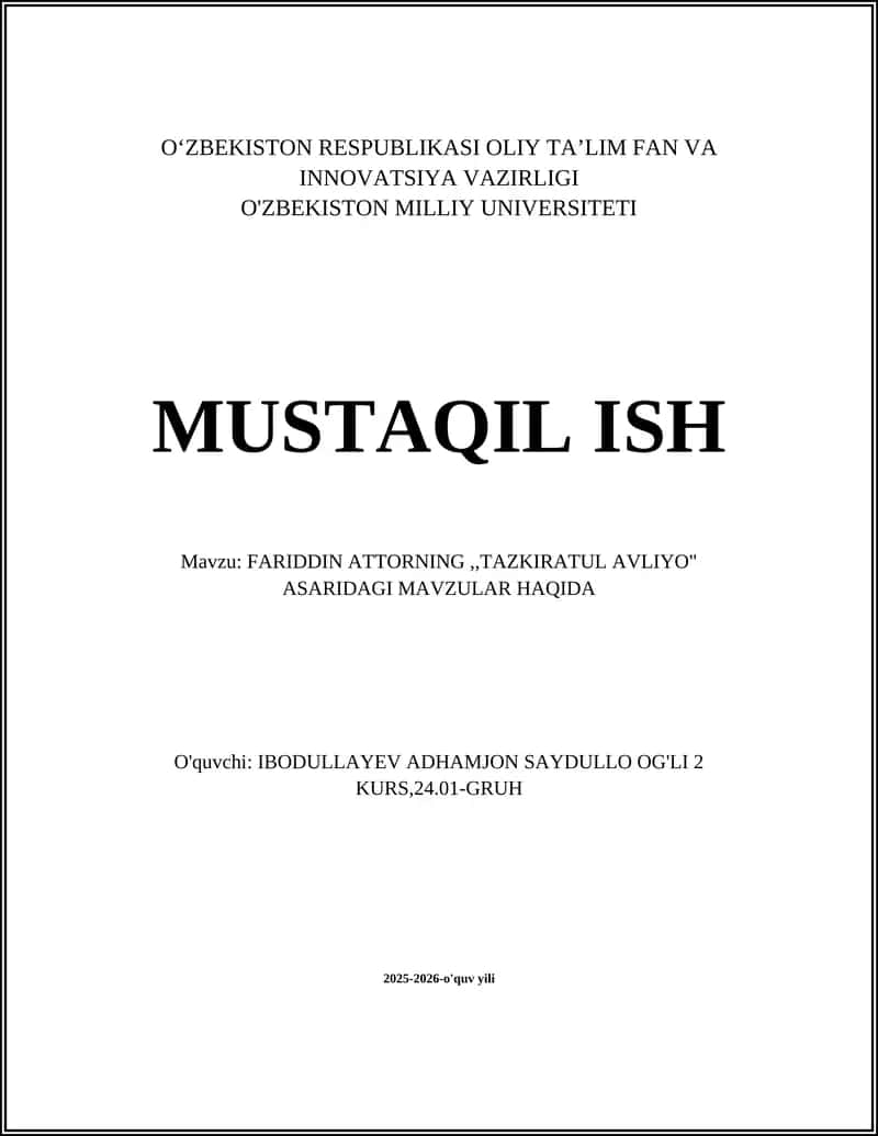 FARIDDIN ATTORNING,,TAZKIRATUL AVLIYO" ASARIDAGI MAVZULAR HAQIDA