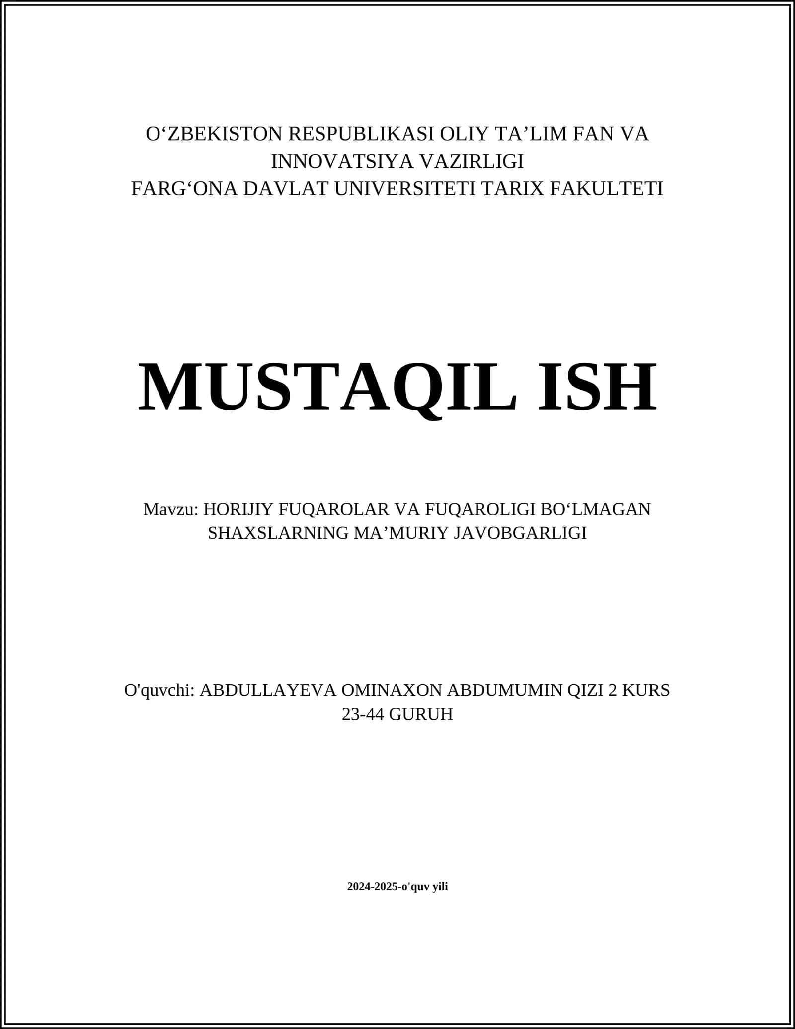 HORIJIY FUQAROLAR VA FUQAROLIGI BOʻLMAGAN SHAXSLARNING MAʼMURIY JAVOBGARLIGI