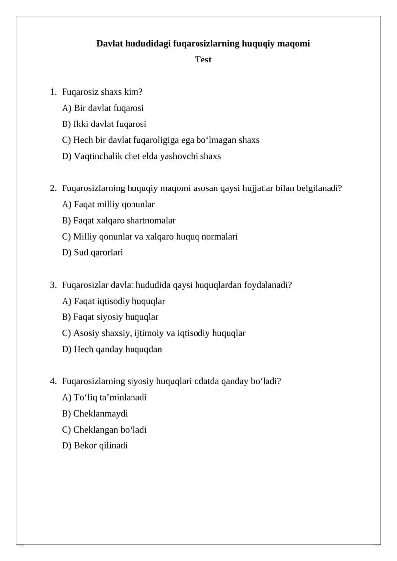 Davlat hududidagi fuqarosizlarning huquqiy maqomi