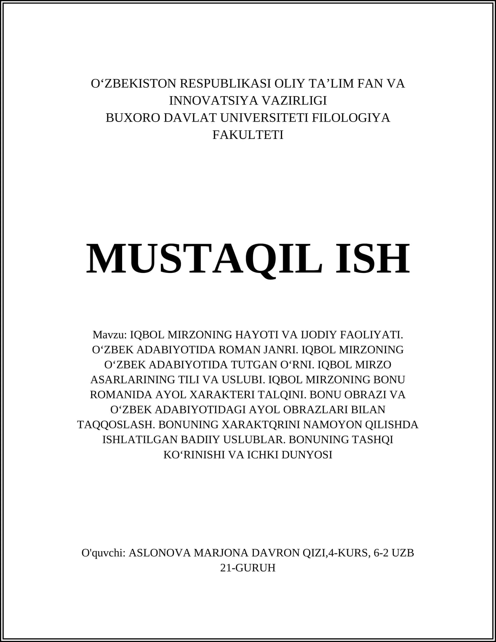IQBOL MIRZONING HAYOTI VA IJODIY FAOLIYATI