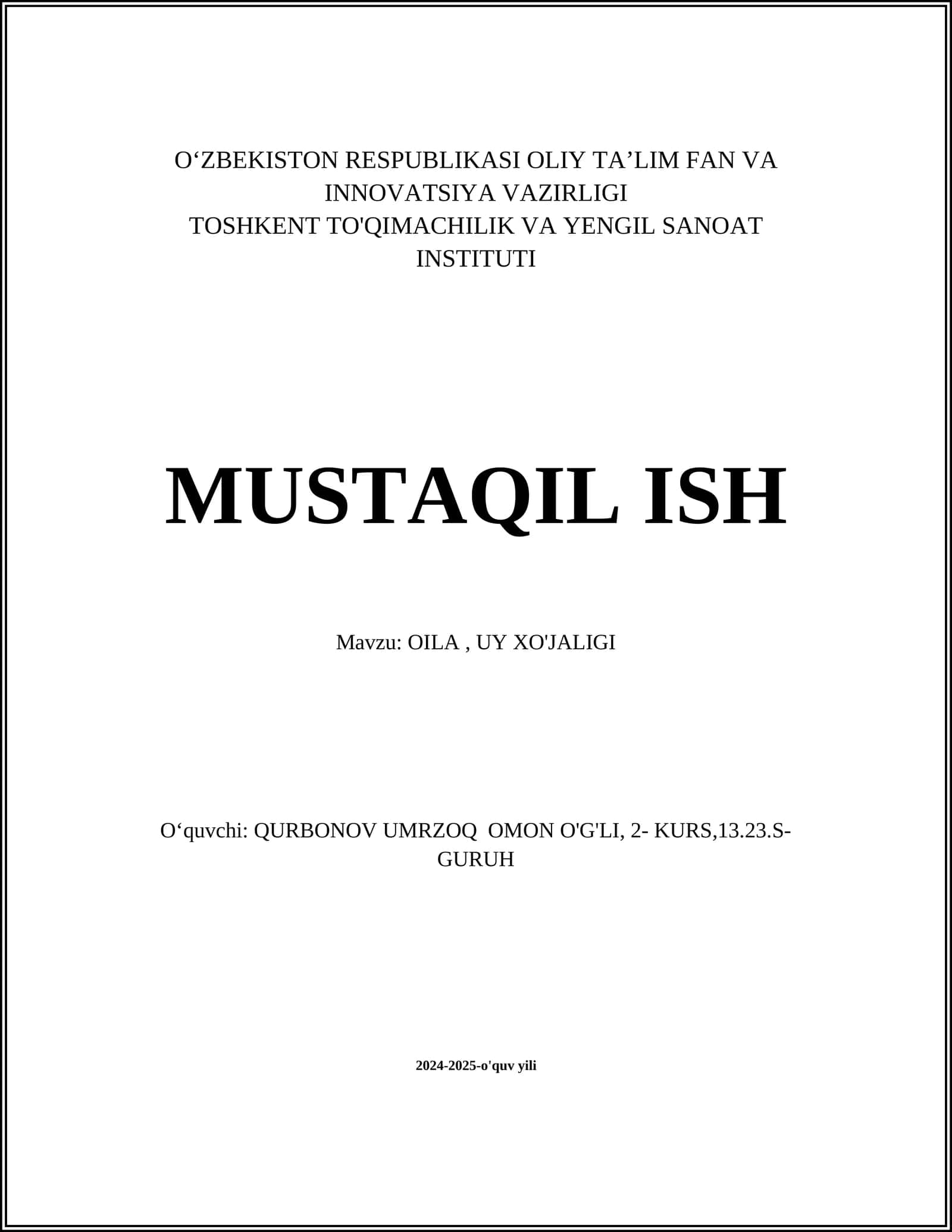 OILA, UY XO'JALIGI