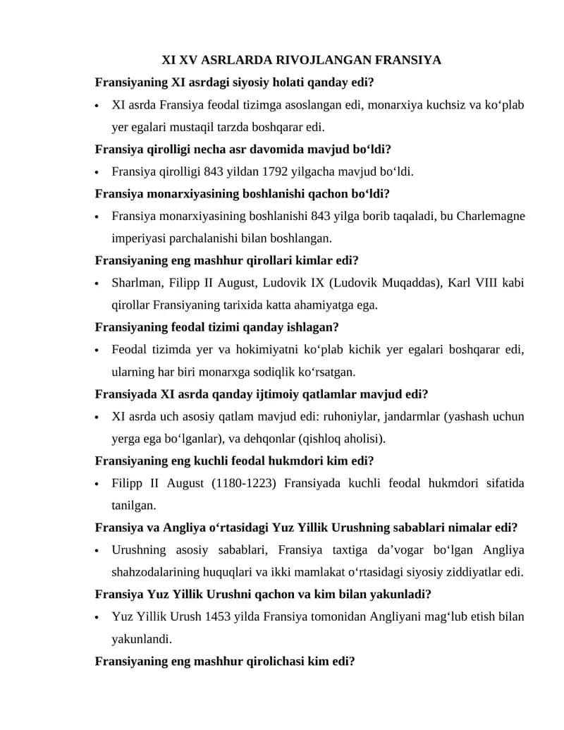 XI XV ASRLARDA RIVOJLANGAN FRANSIYA