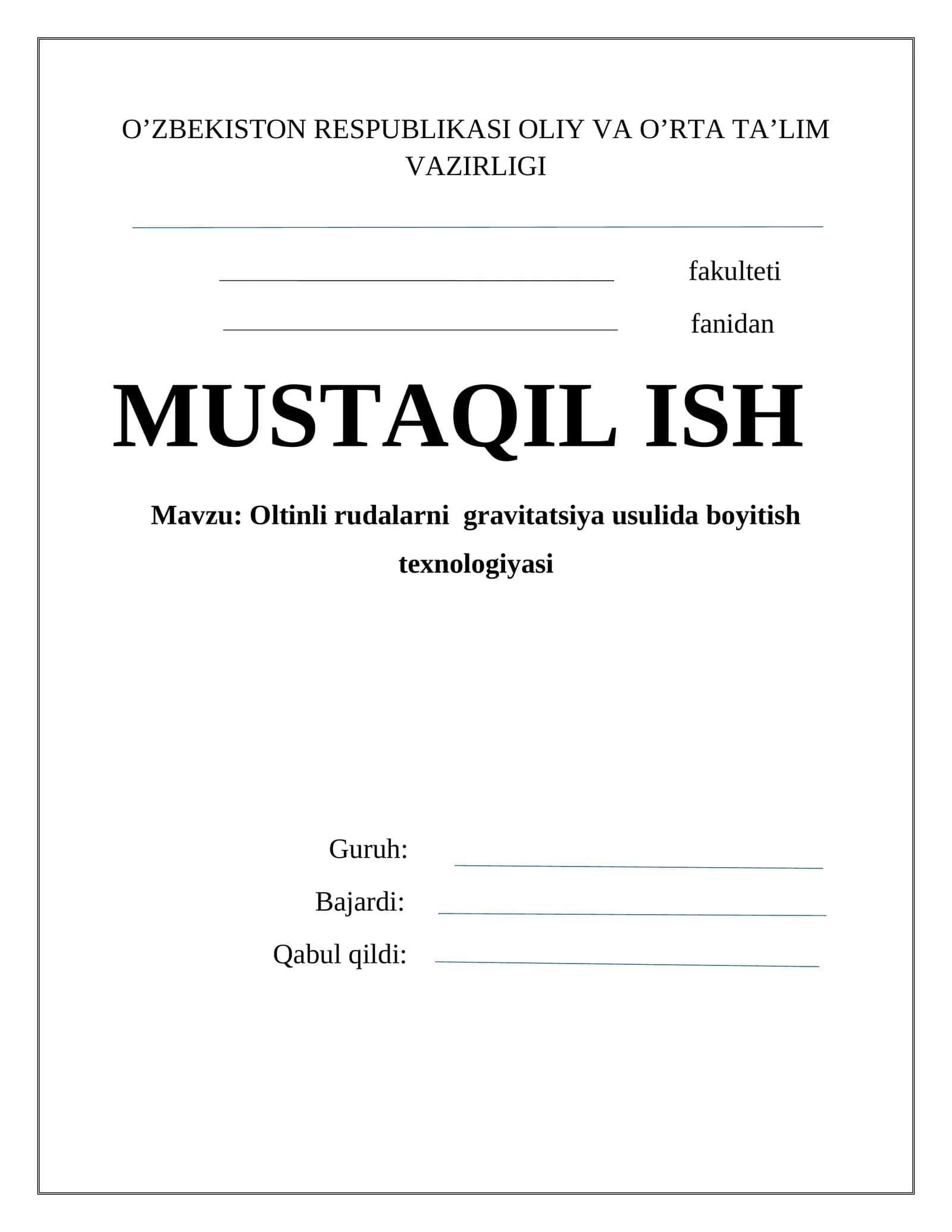 Oltinli rudalarni gravitatsiya usulida boyitish texnologiyasi