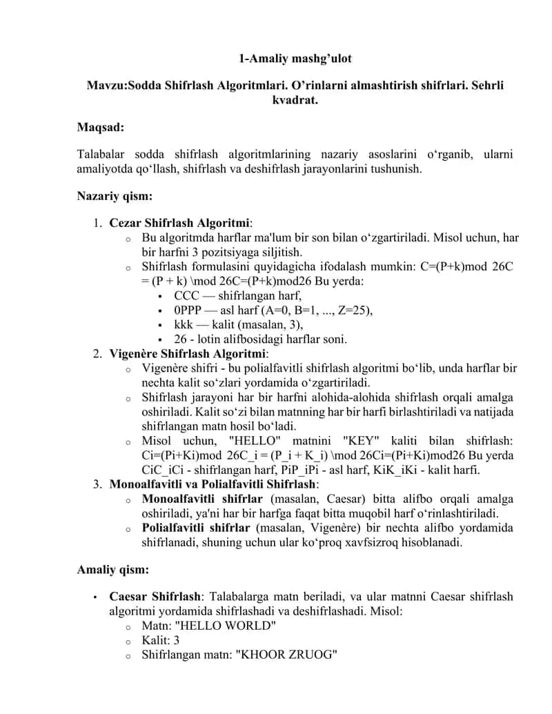 Sodda Shifrlash Algoritmlari