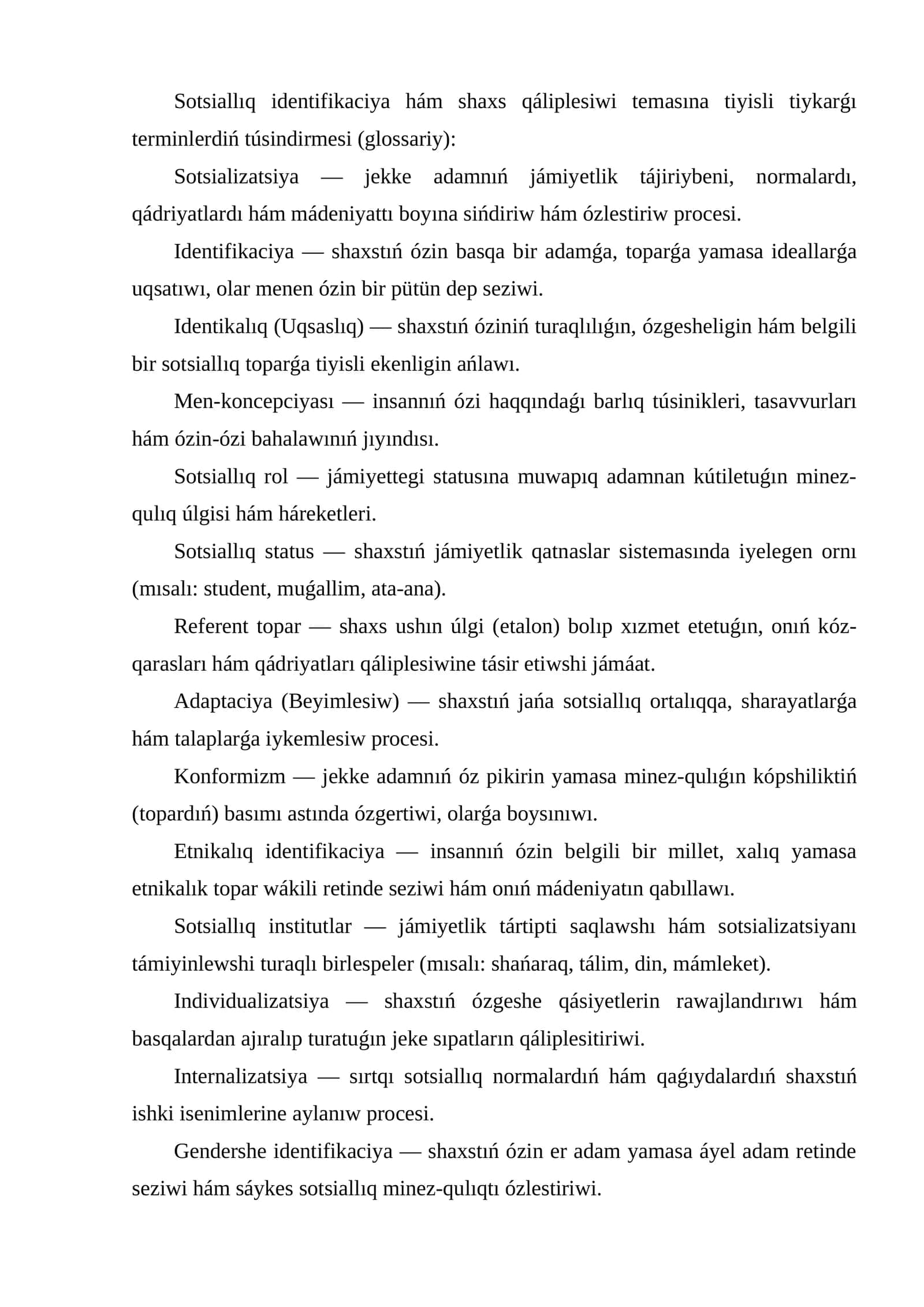 Sotsiallıq identifikaciya hám shaxs qáliplesiwi temasına tiyisli tiykarǵı terminlerdiń túsindirmesi (glossariy)