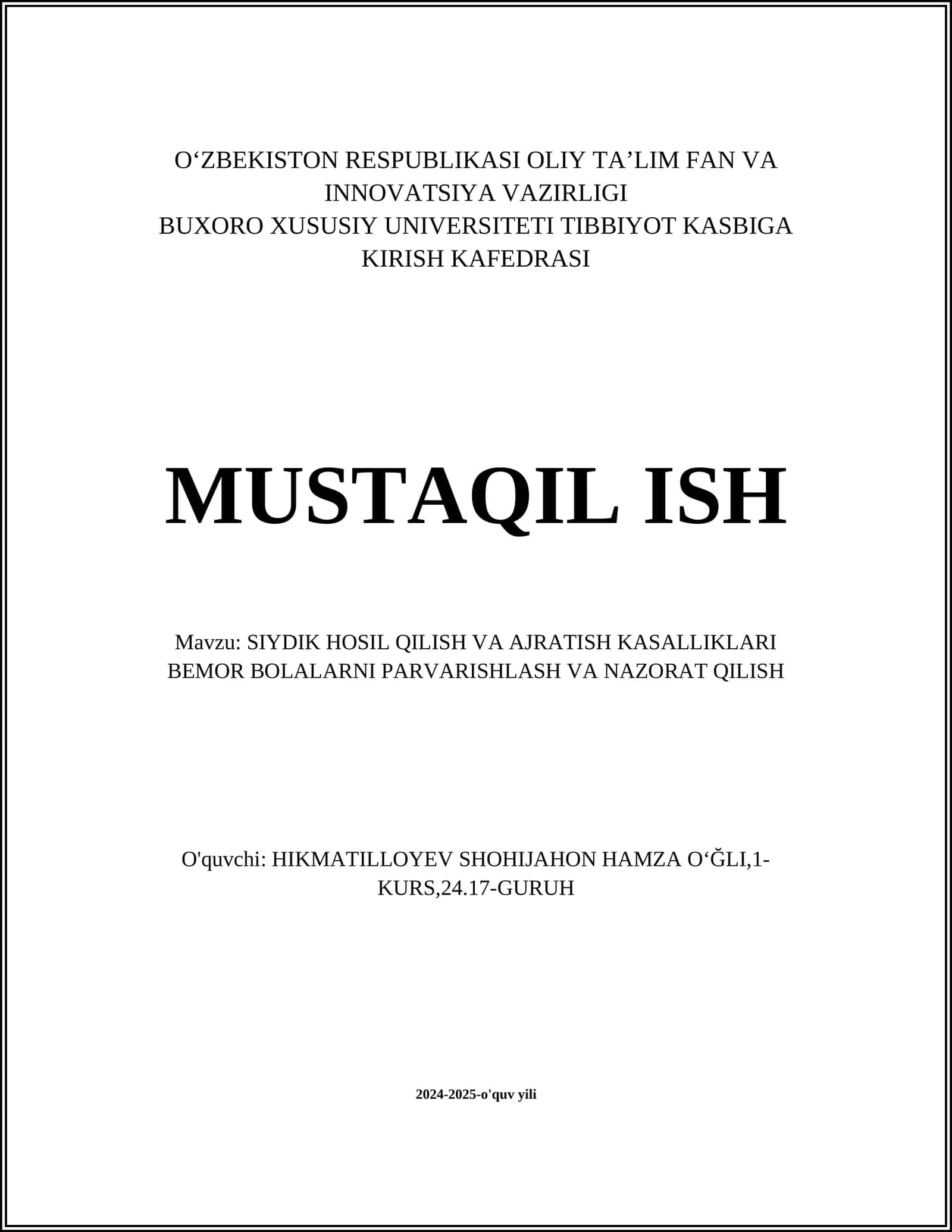 SIYDIK HOSIL QILISH VA AJRATISH KASALLIKLARI BEMOR BOLALARNI PARVARISHLASH VA NAZORAT QILISH