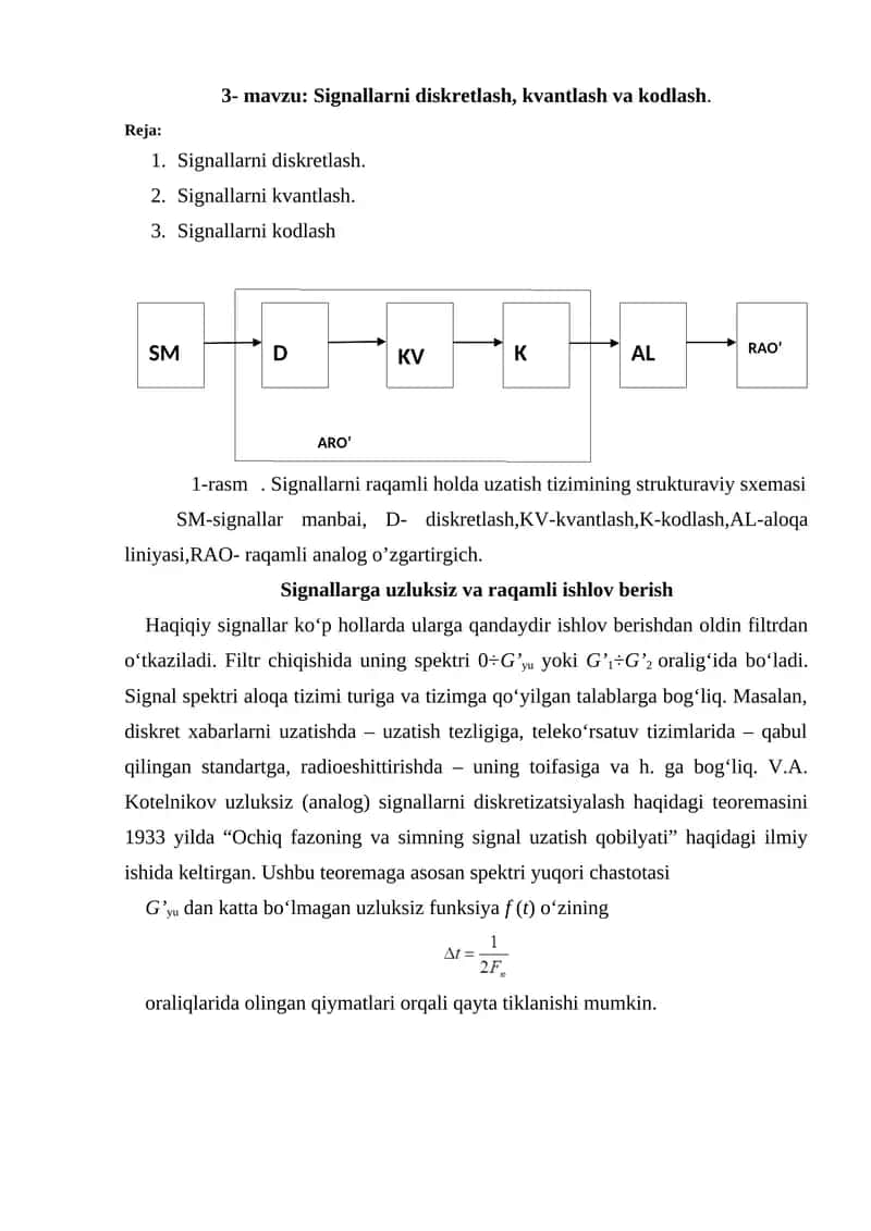 Signallarni diskretlash, kvantlash va kodlash