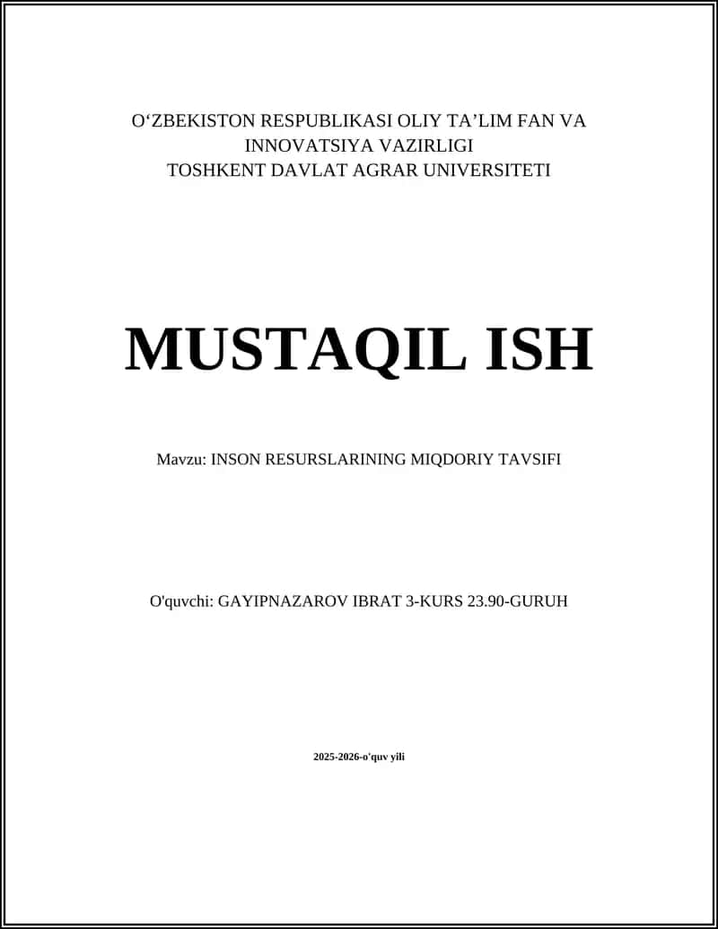 INSON RESURSLARINING MIQDORIY TAVSIFI
