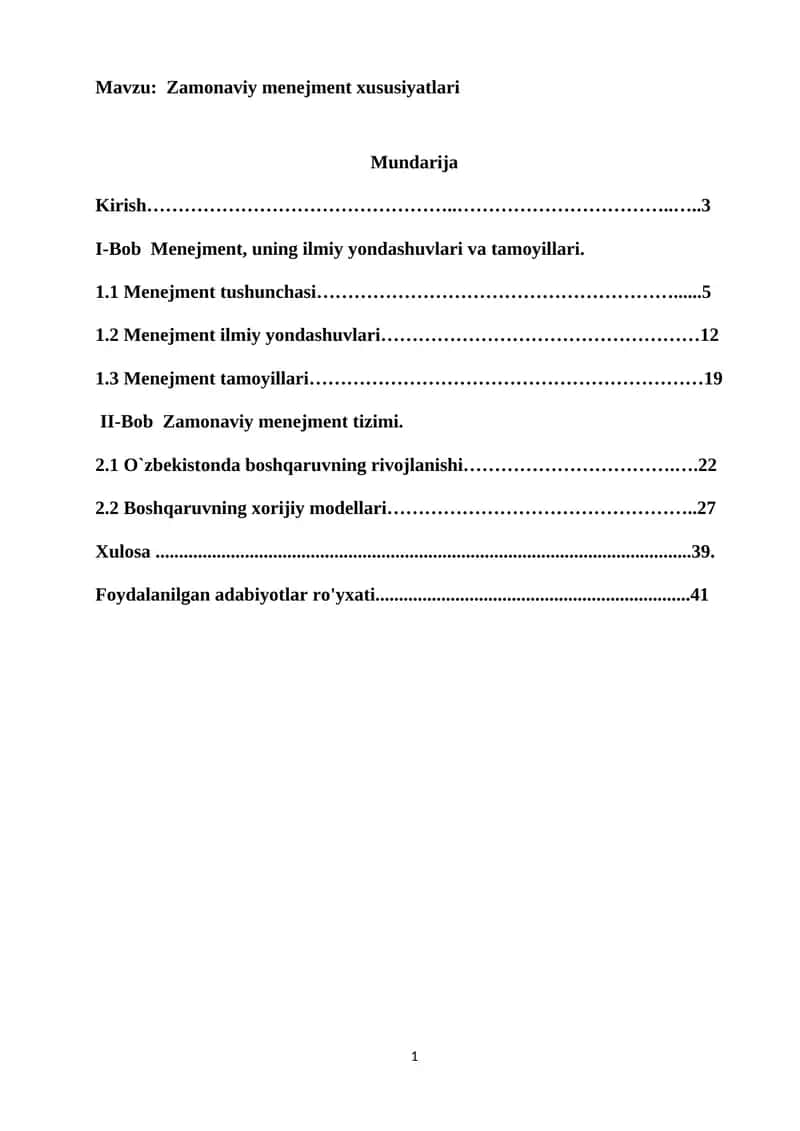 Zamonaviy menejment xususiyatlari