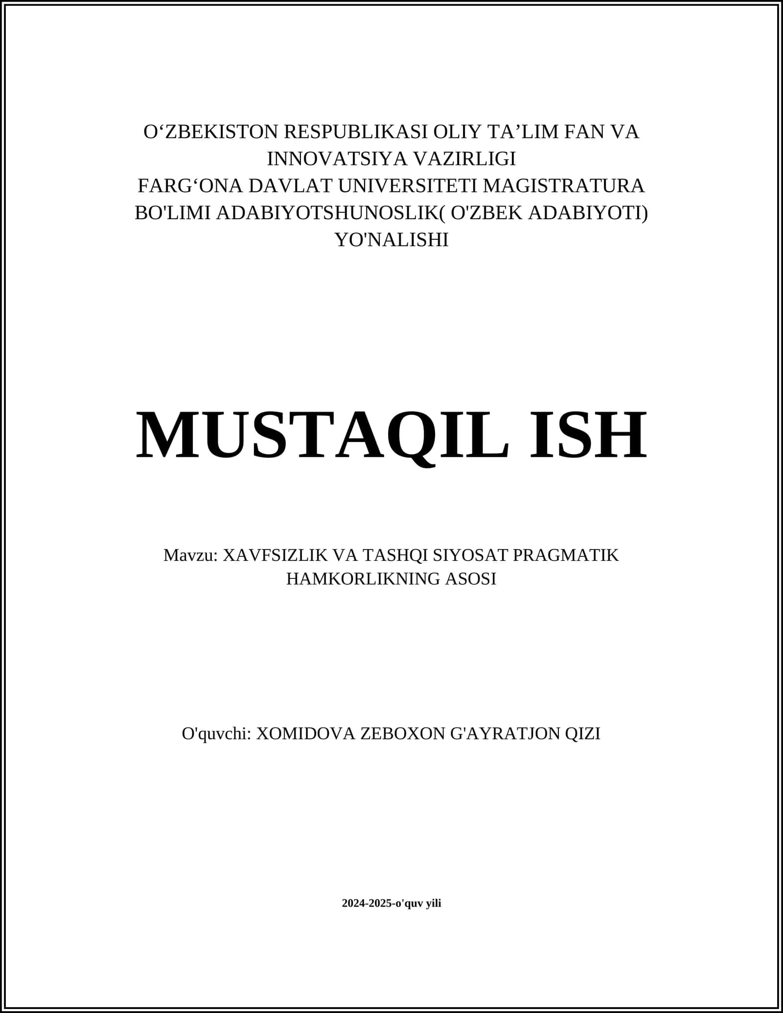XAVFSIZLIK VA TASHQI SIYOSAT PRAGMATIK HAMKORLIKNING ASOSI