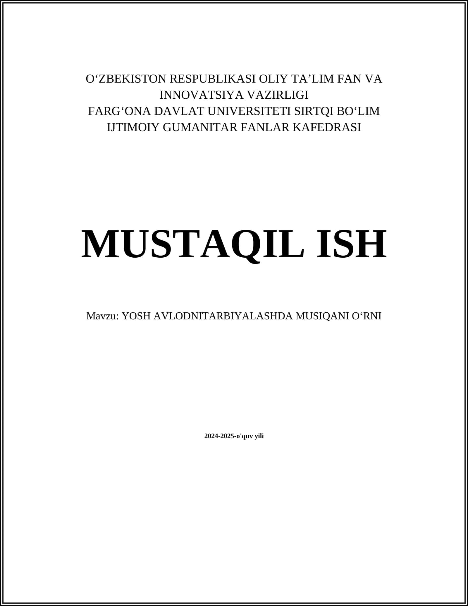 YOSH AVLODNITARBIYALASHDA MUSIQANI OʻRNI