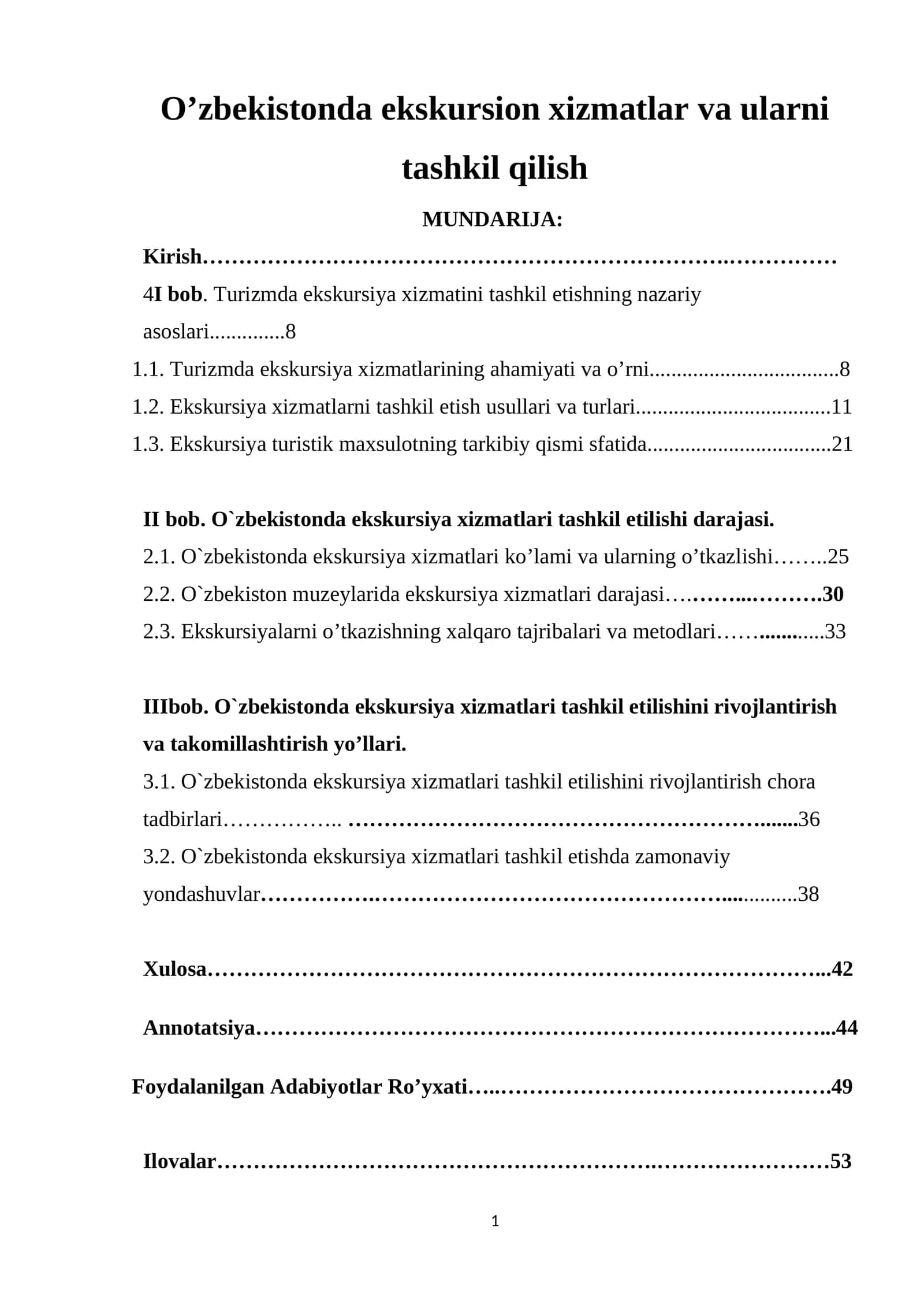 Ekskursiya xizmatlar va ularni tashkil qilish