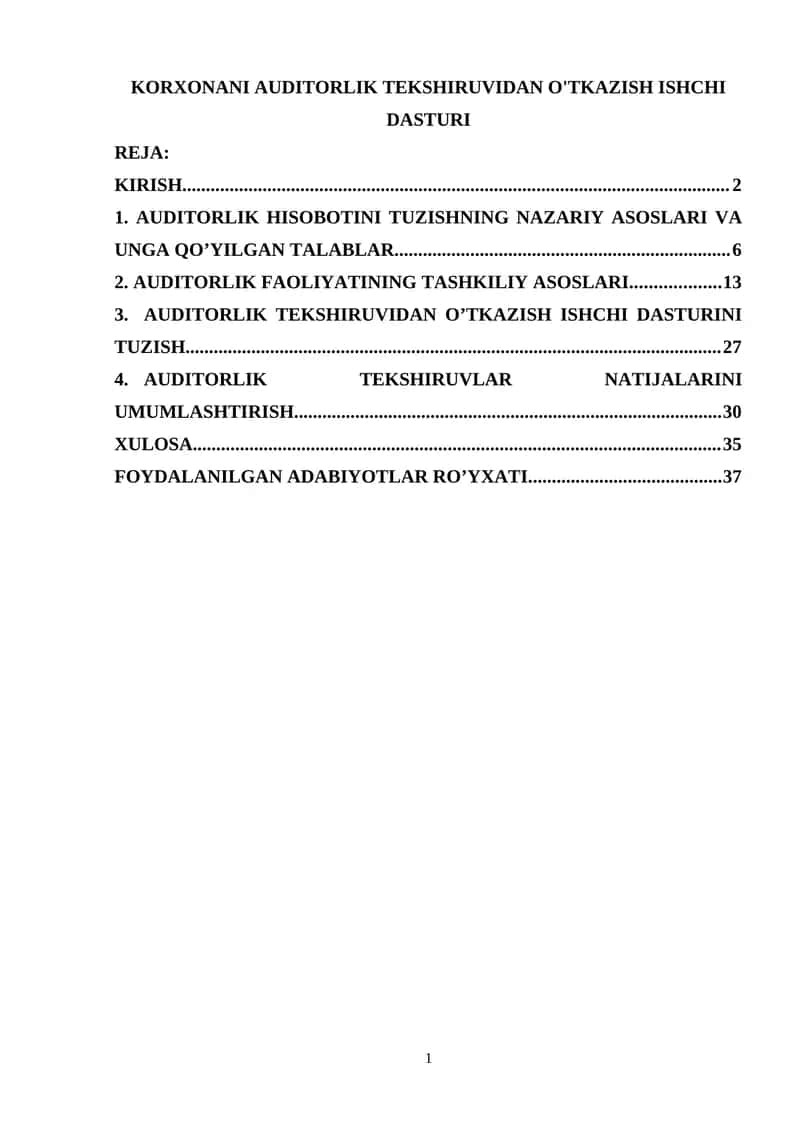 Auditorlik tekshiruvidan o'tkazish ishchi dasturi