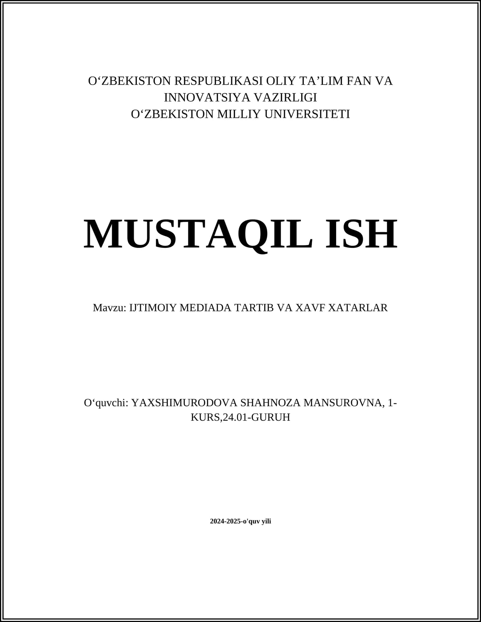 IJTIMOIY MEDIADA TARTIB VA XAVF XATARLAR