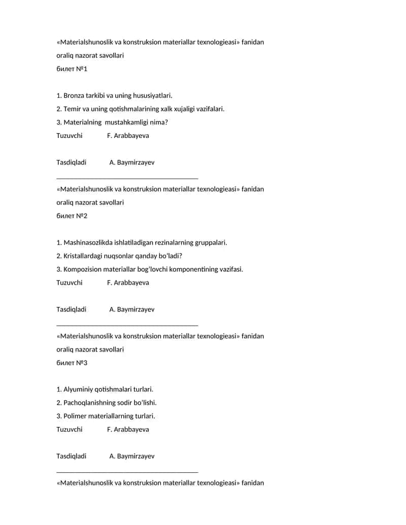 Materialshunoslik va konstruksion materiallar texnologieasi fanidan oraliq nazorat savollari