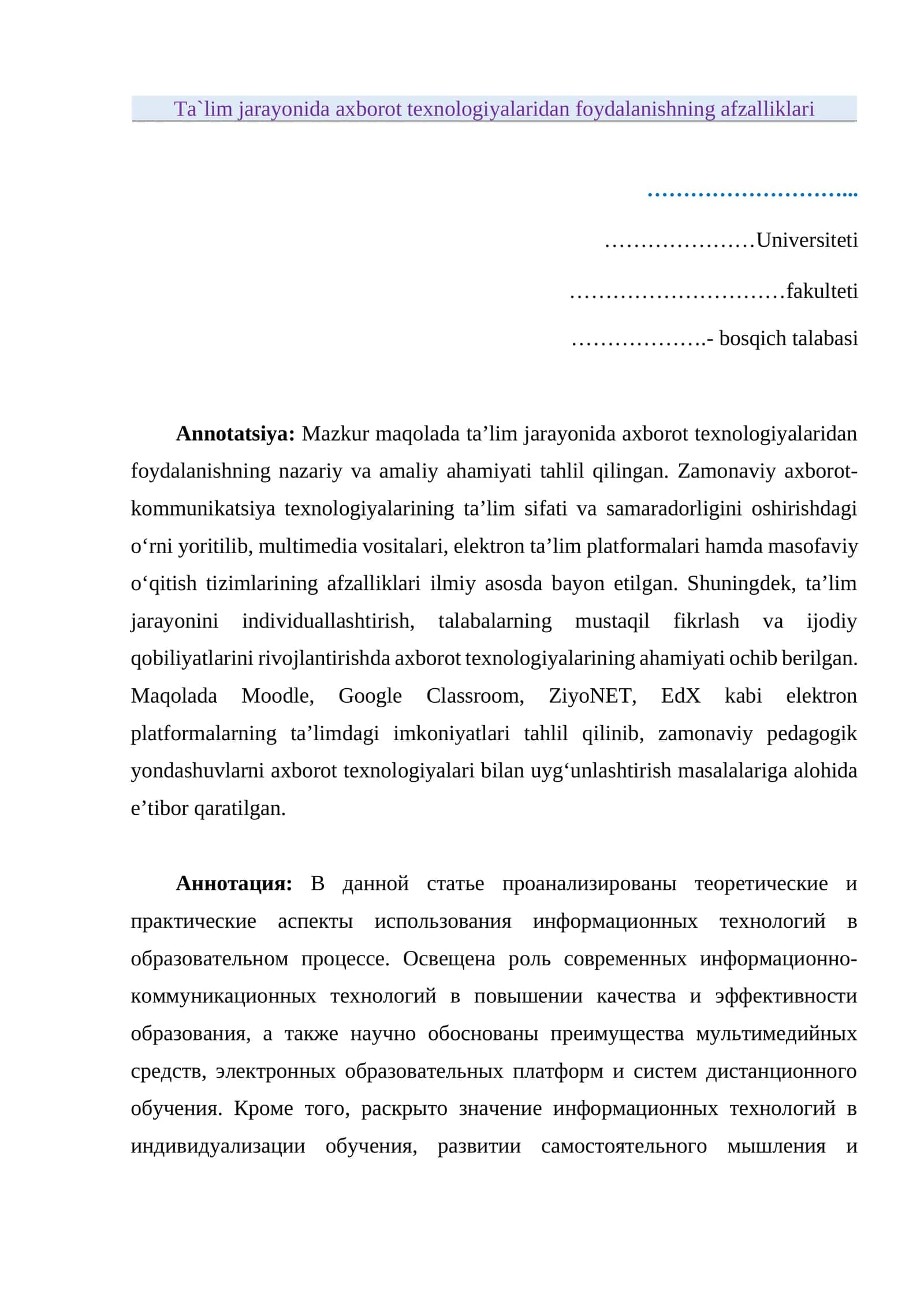 "Ta`lim jarayonida axborot texnologiyalaridan foydalanishning afzalliklari" maqola