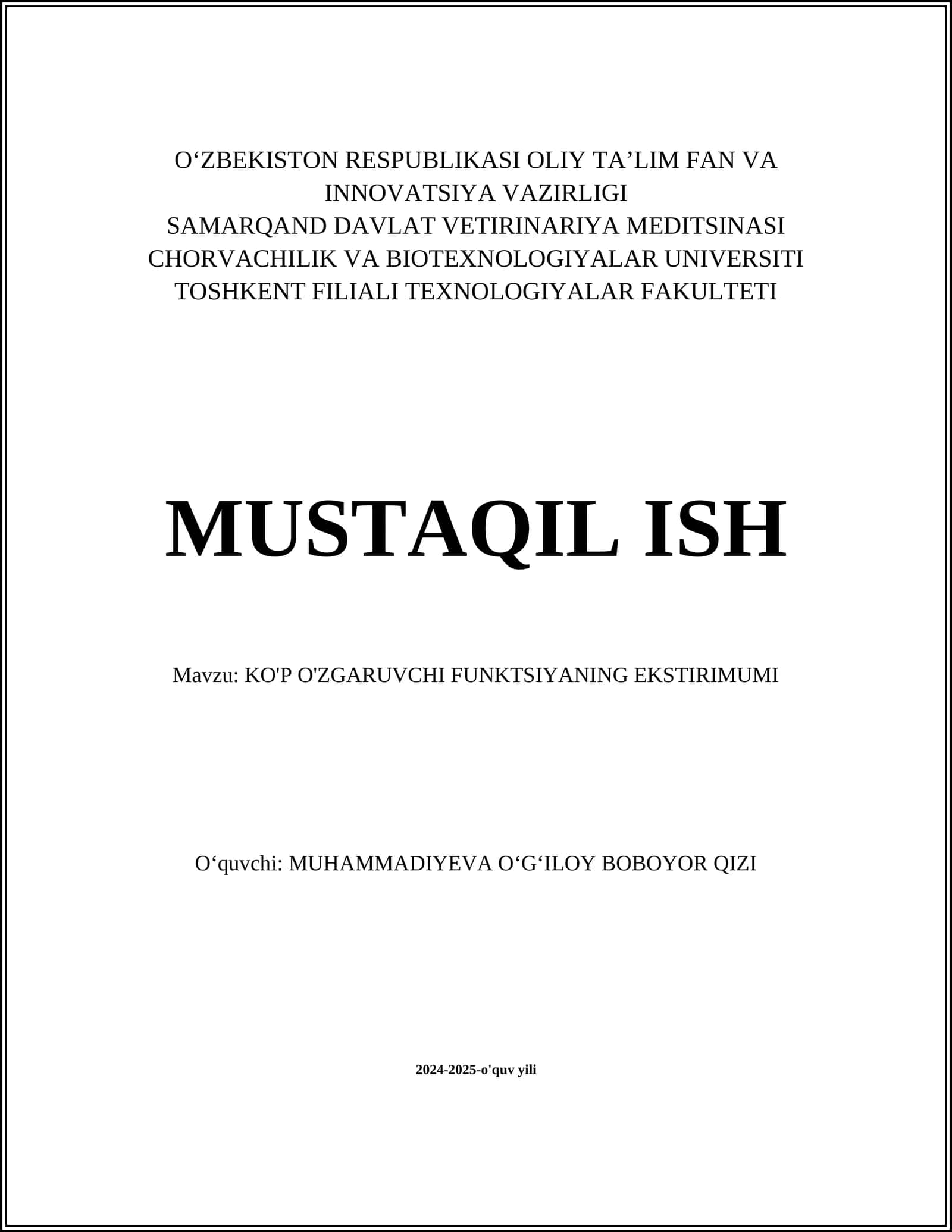 KO'P O'ZGARUVCHI FUNKTSIYANING EKSTIRIMUMI