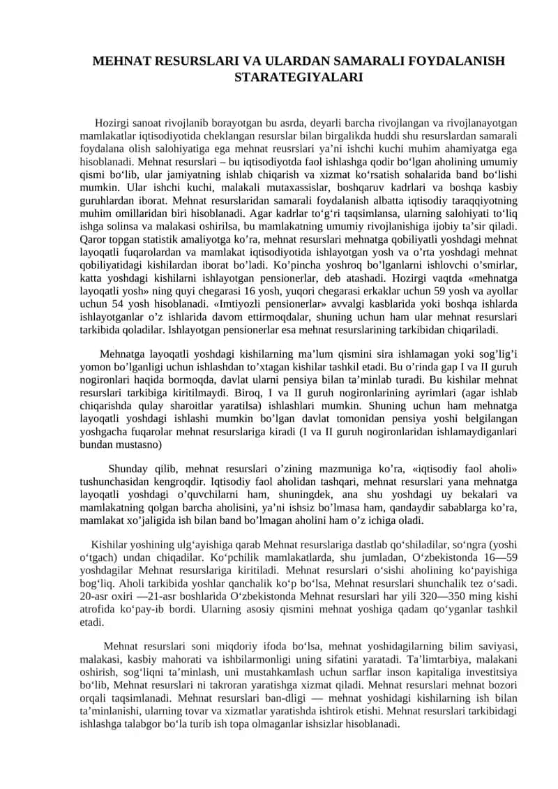 Mehnat Resurslari va Ulardan Samarali Foydalanish Starategiyalari
