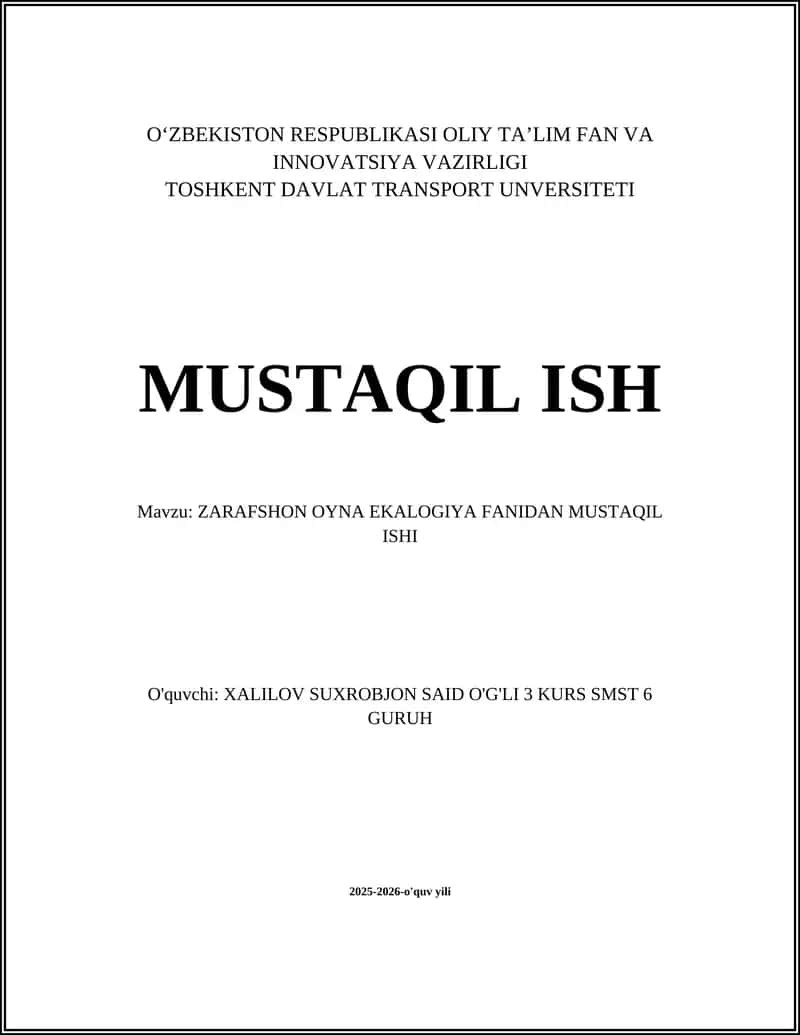 ZARAFSHON OYNA EKALOGIYA FANIDAN MUSTAQIL ISHI