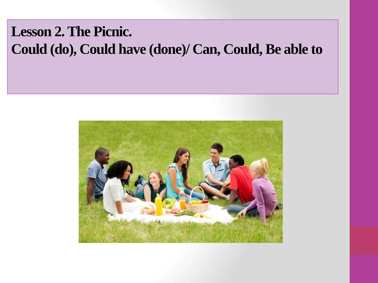 Lesson 2. The Picnic.Could (do), Could have (done)/ Can, Could, Be able to