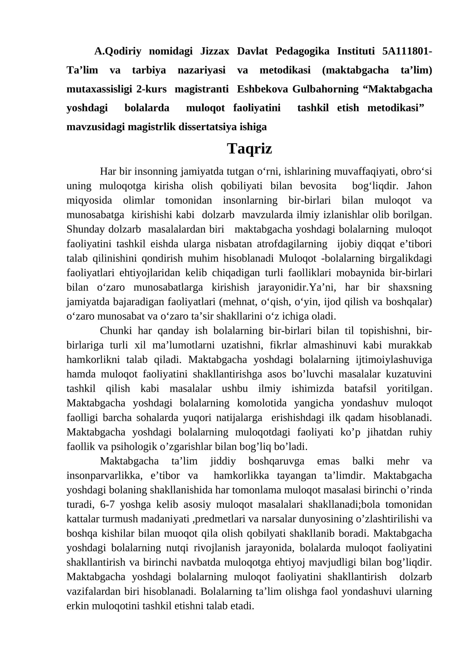 Ta’lim va tarbiya nazariyasi va metodikasi (maktabgacha ta’lim) mutaxassisligi