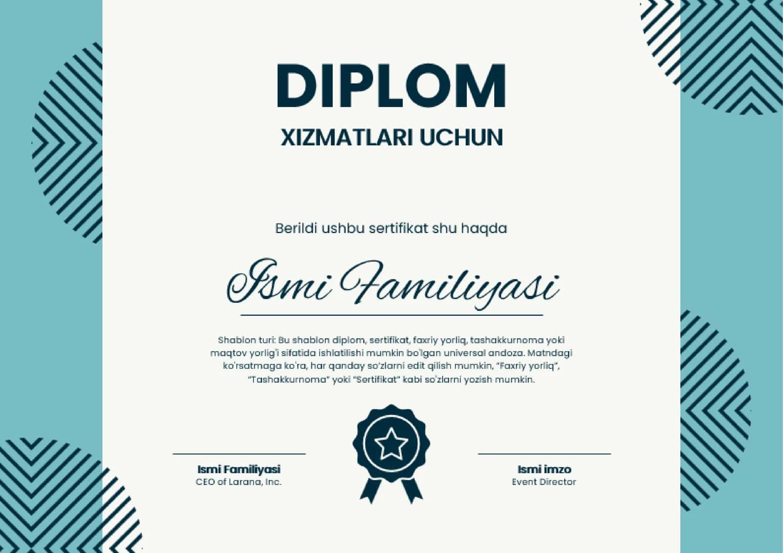 Shablon diplom, sertifikat, faxriy yorliq, tashakkurnoma yoki maqtov yorlig'i