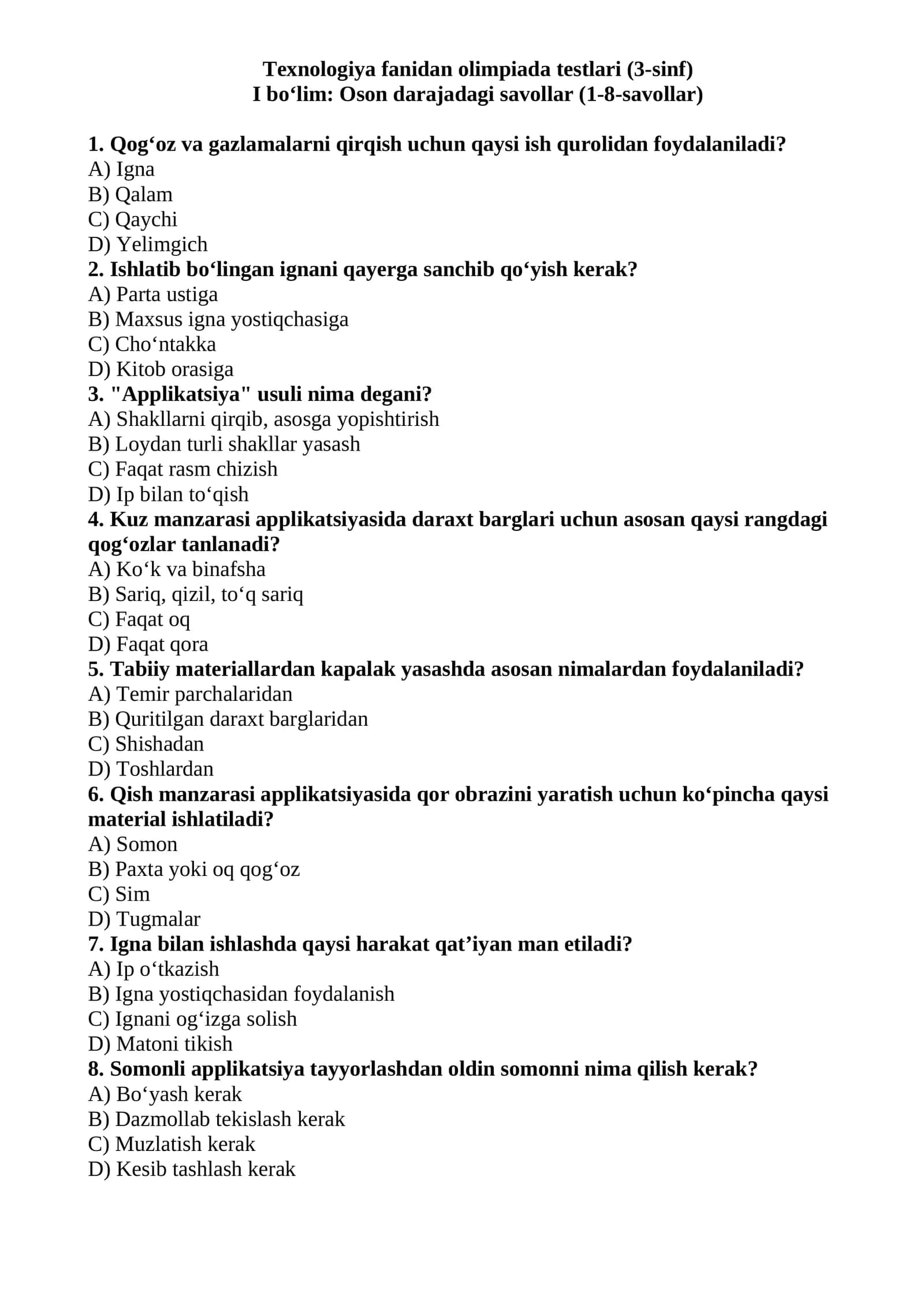 Texnologiya fanidan olimpiada testlari (3-sinf)