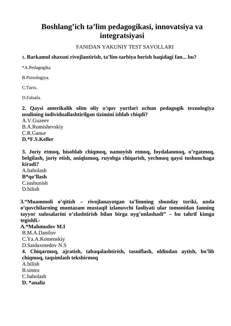 FANIDAN YAKUNIY TEST SAVOLLARI