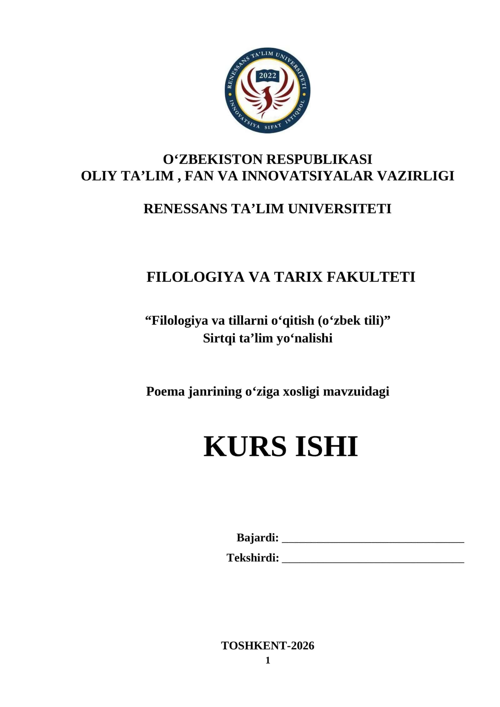Filologiya va tillarni oʻqitish (oʻzbek tili) - Poema janrining o‘ziga xosligi