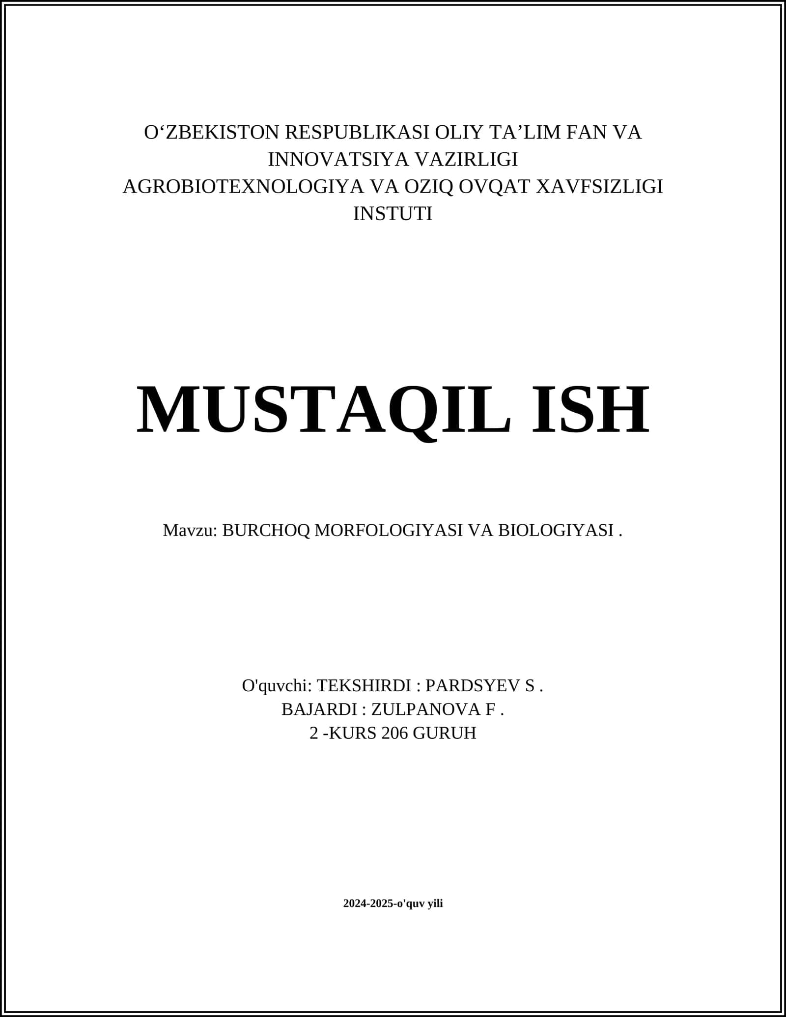 BURCHOQ MORFOLOGIYASI VA BIOLOGIYASI