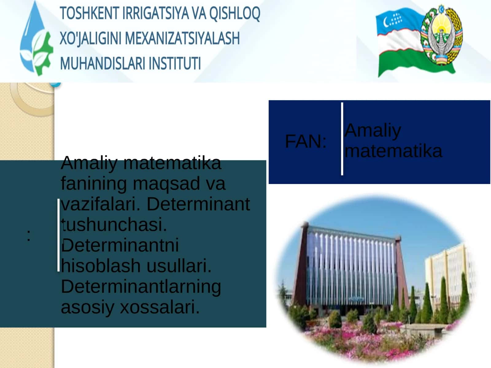 Amaliy matematika fanining maqsad va vazifalari. Determinant tushunchasi. Determinantni hisoblash usullari. Determinantlarning asosiy xossalari