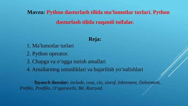 Python dasturlash tilida ma'lumotlar turlari. Python dasturlash tilida raqamli toifalar.