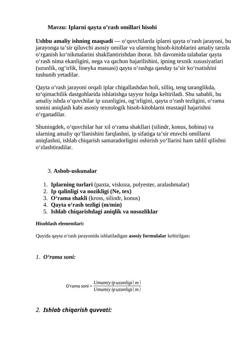 Iplarni qayta o’rash omillari hisobi