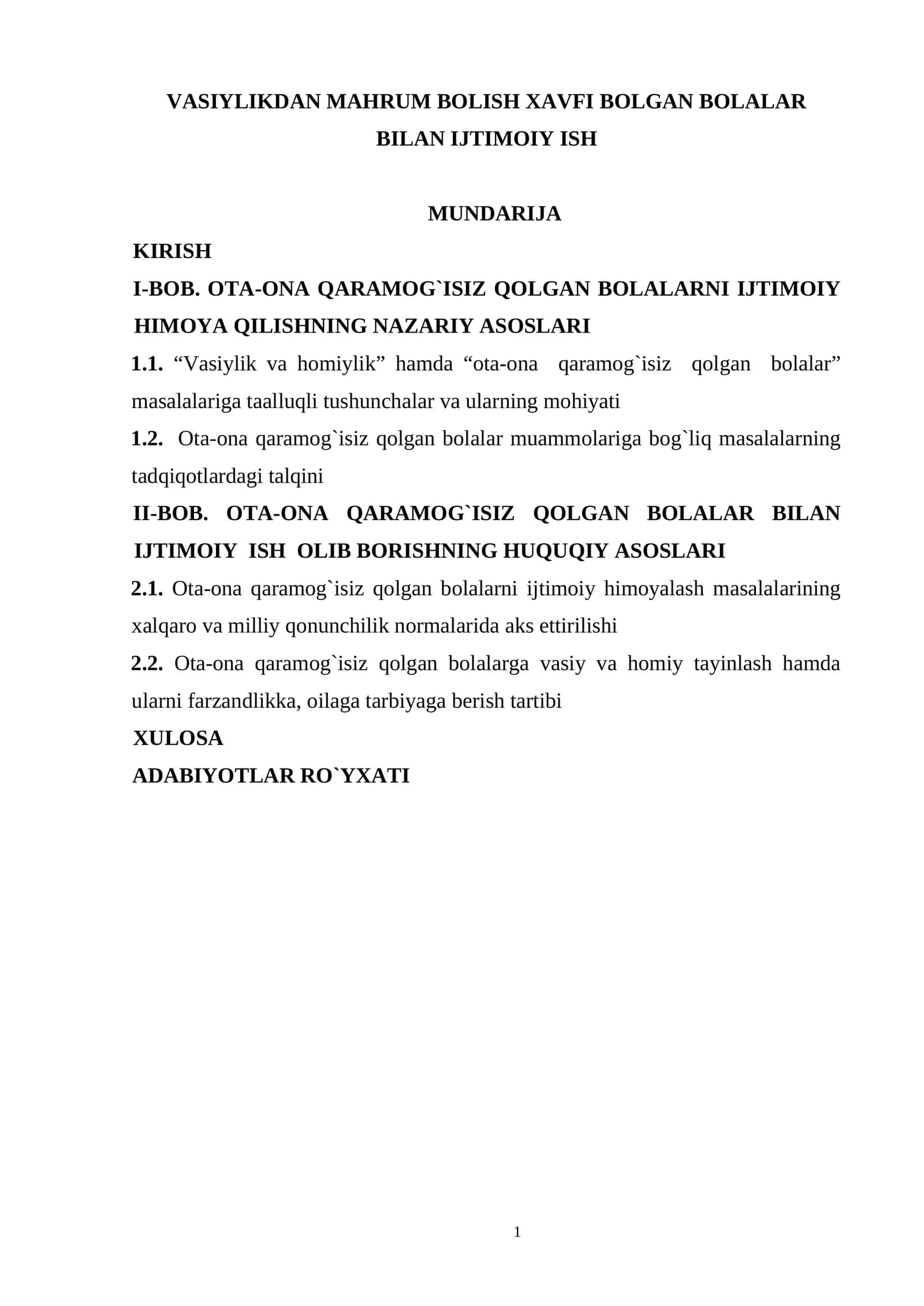 Vasiylikdan mahrum bolish xavfi bolgan bolalar bilan ijtimoiy ish
