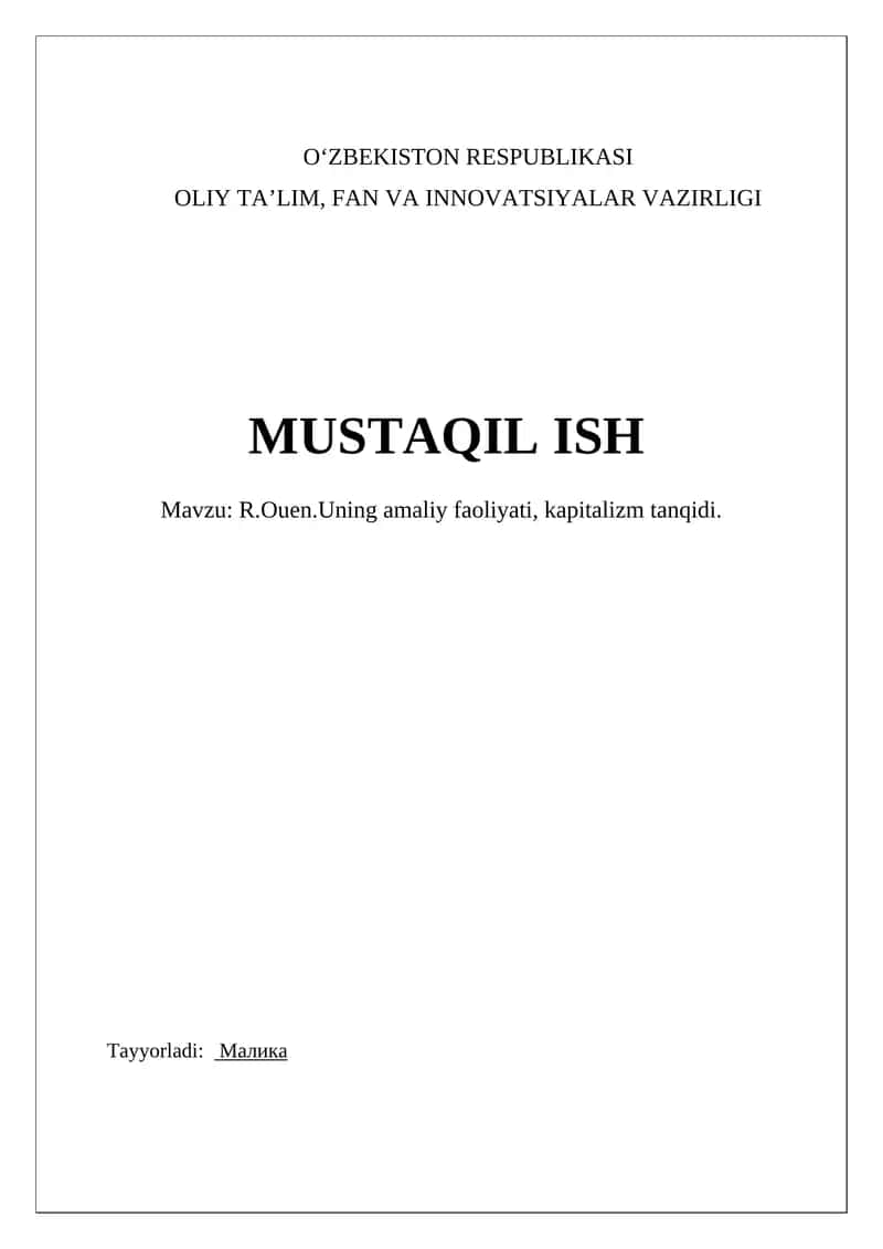 R.Ouenning amaliy faoliyati, kapitalizm tanqidi