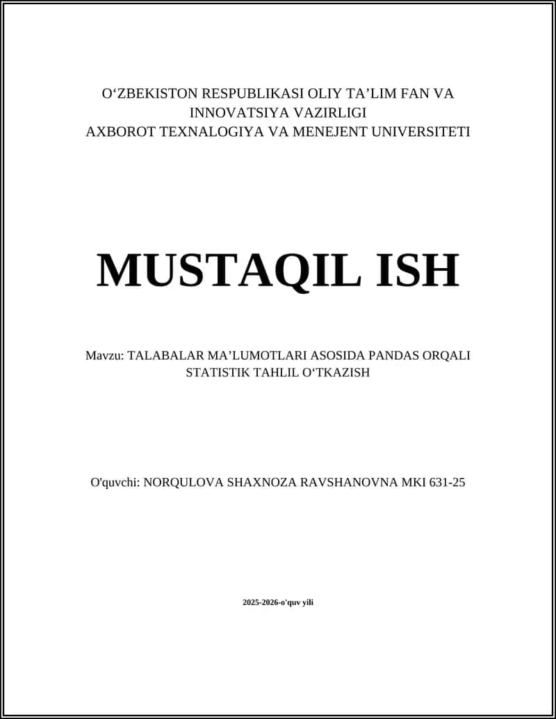 Talabalar ma'lumotlari asosida Pandas orqali statistik tahlil o‘tkazish