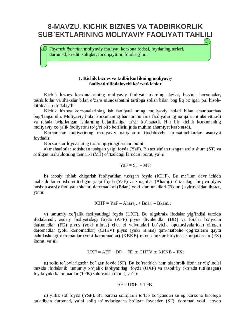 KICHIK BIZNES VA TADBIRKORLIK SUB'EKTLARINING MOLIYAVIY FAOLIYATI TAHLILI