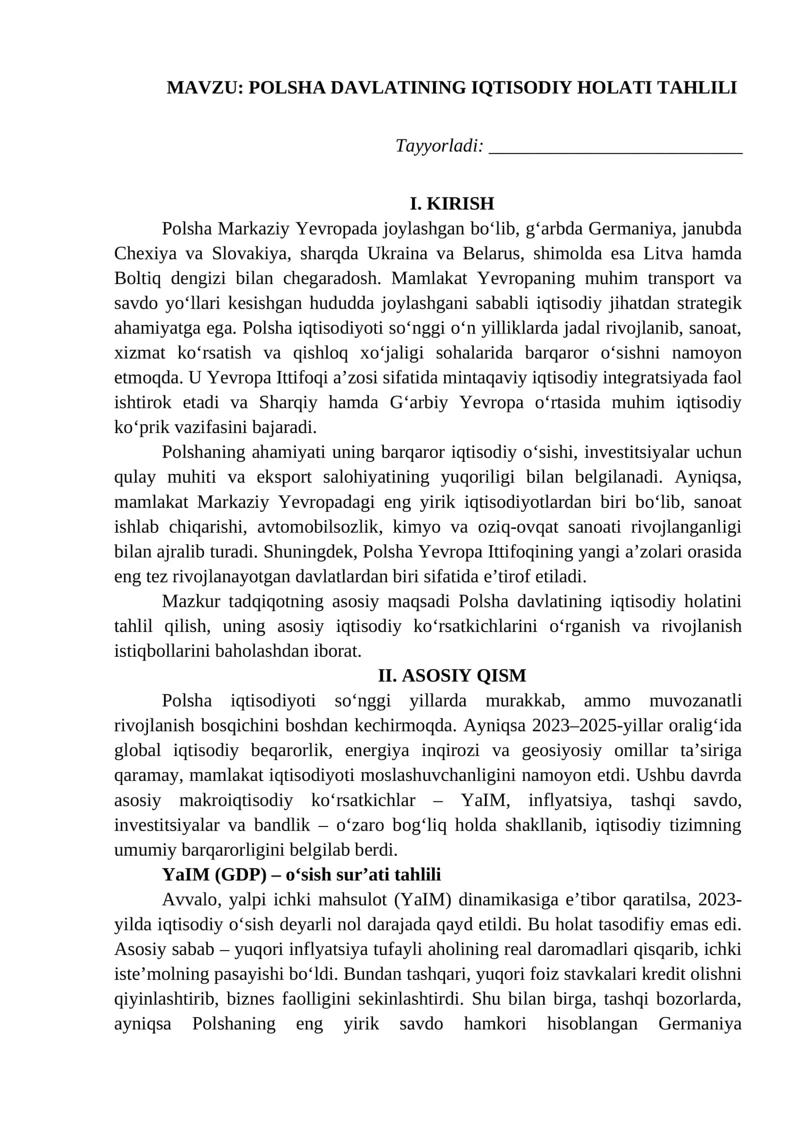 POLSHA DAVLATINING IQTISODIY HOLATI TAHLILI