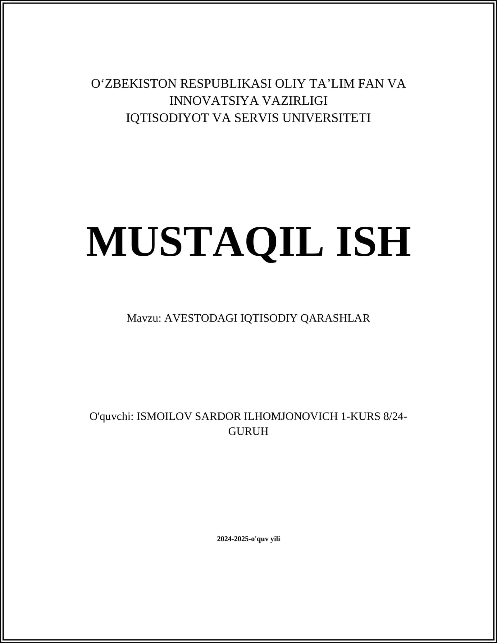 AVESTODAGI IQTISODIY QARASHLAR