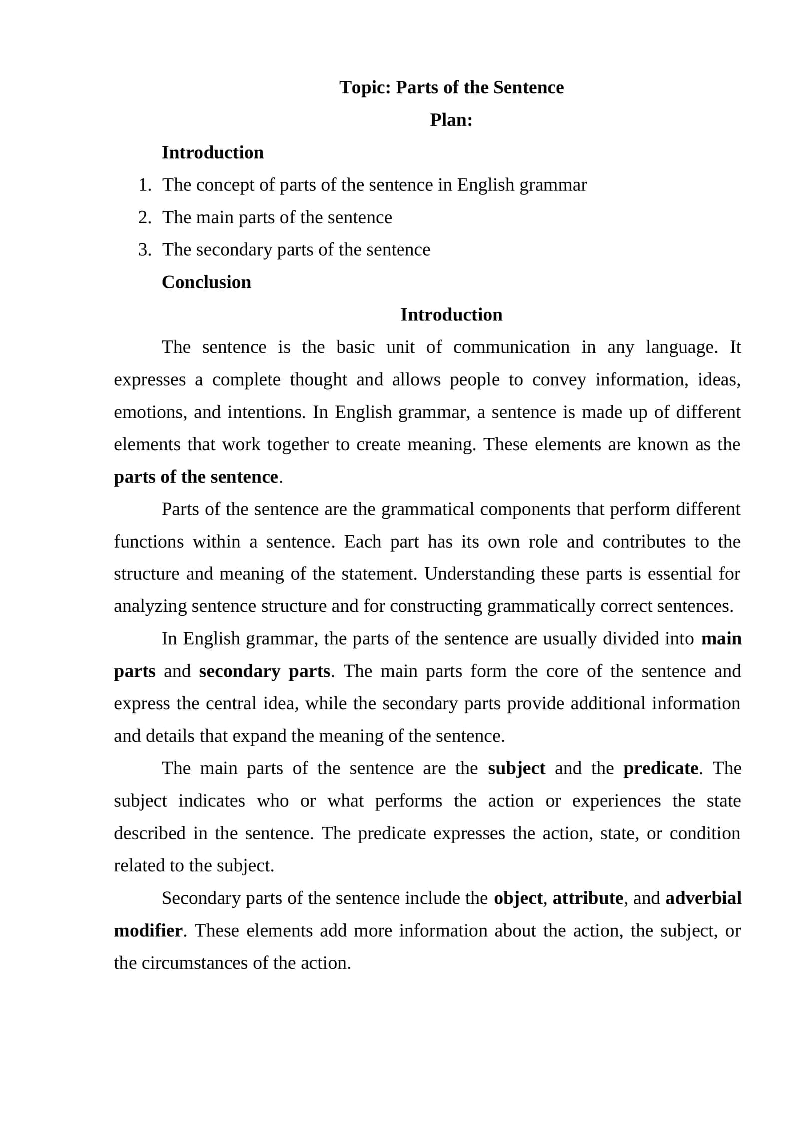 Parts of the Sentence