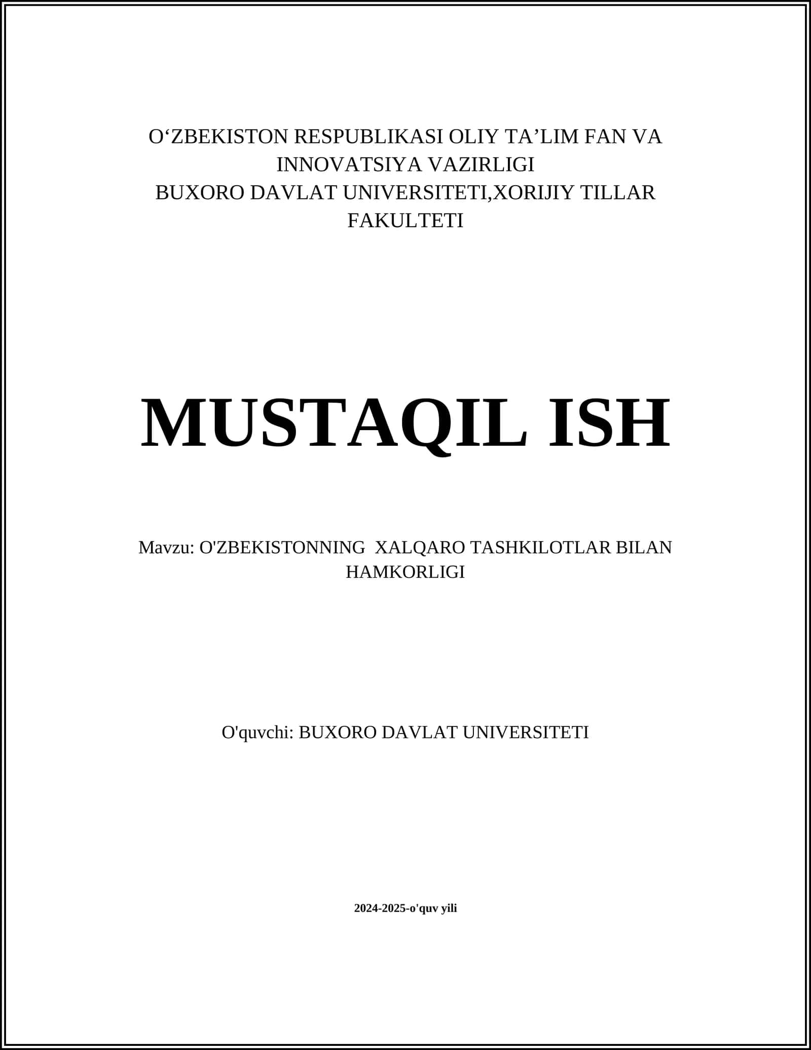 O'ZBEKISTONNING XALQARO TASHKILOTLAR BILAN HAMKORLIGI