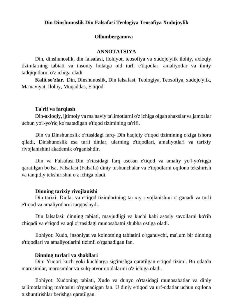 Din Dinshunoslik Din Falsafasi Teologiya Teosofiya Xudojoylik