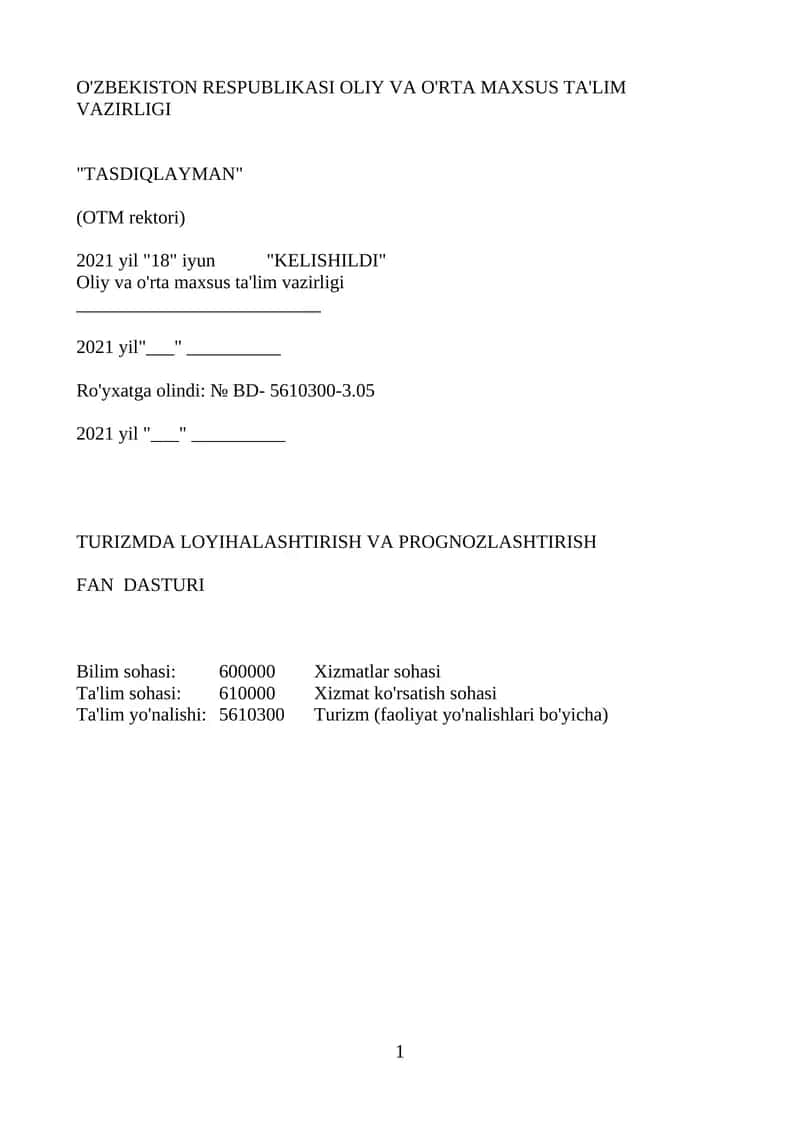 TURIZMDA LOYIHALASHTIRISH VA PROGNOZLASHTIRISH FAN DASTURI